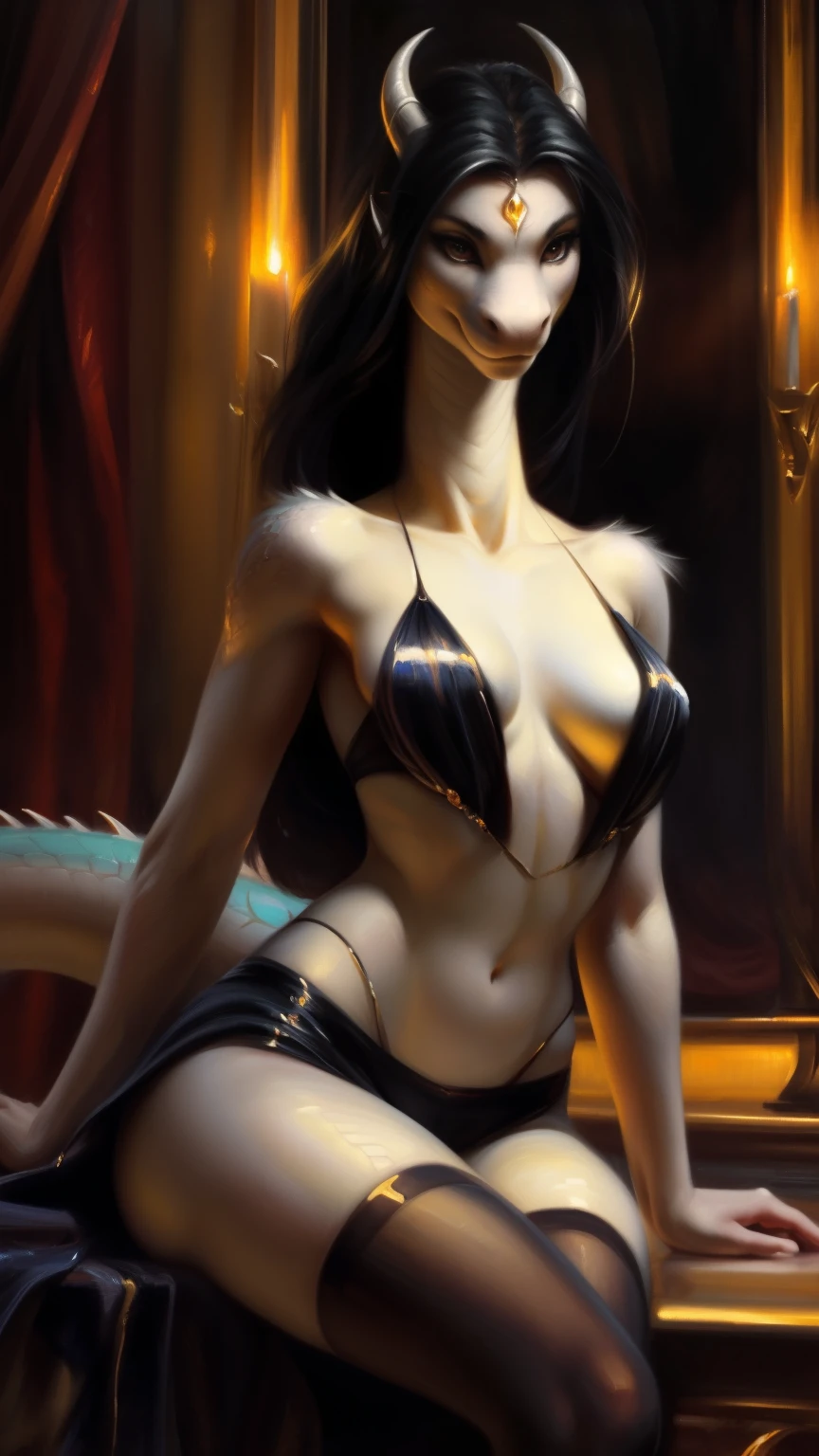 uploaded to e621, by Pixelsketcher, from Bayard Wu, Thomas Benjamin Kennington , from Einhelm, One second, ((Full Length, Master plan)),(detailed lighting of Bonifasco), (Detailed scales), (Detailed skin), ((long, Graceful multi-colored tail)), (loose hair)), ((detailed information)), [Ambient light],  [explicit content], [Sharp Focus], (questionable content), (shaded), ((masterpiece), hiss, flowing long hair, Chest of medium scales, Fluffy multi-colored the Dragon, Dragon Face, furry fantasy art, furry art, high resolution commission, second art, art,Sakimichan is beautiful, masterpiece, Best quality, detailed depiction, bright colors, Detailed face, perfect lighting, Perfect shadows, Perfect eyes, focus on the girl, the Dragon eyes, flawless face, (( Graceful multi-colored tail)) the Dragon, яркая skin, dragon girl, can be solved, Scaly Women, Dragon's nose, Large long muzzle, Multi-colored scales, look at the viewer, half-closed eyes, One, (masterpiece), (Best quality), (illustration), long white hair, Detailed scales, Balanced coloring, Global Illumination, ray tracing, good lighting, scales, second, Showing breasts, hands on breast, split, I&#39;m looking at the viewer, Seductive look, nsfv, elegant seducing pose, ((slim and very built, elegant clothes, long slender legs, Long neck)), oil painting, style by Italian artist Pino Daeni, Beautiful girl, the wind blows her hair, full height, short chiton above mid-thigh, thin waist,  big eyes, very long eyelashes, golden jewelery, diamond earrings, long beautiful legs, , ultra high quality model, чистое Detailed face, Exquisite clothing, black stockings, clothing and appearance of a succubus, red scales/skin, Black hair