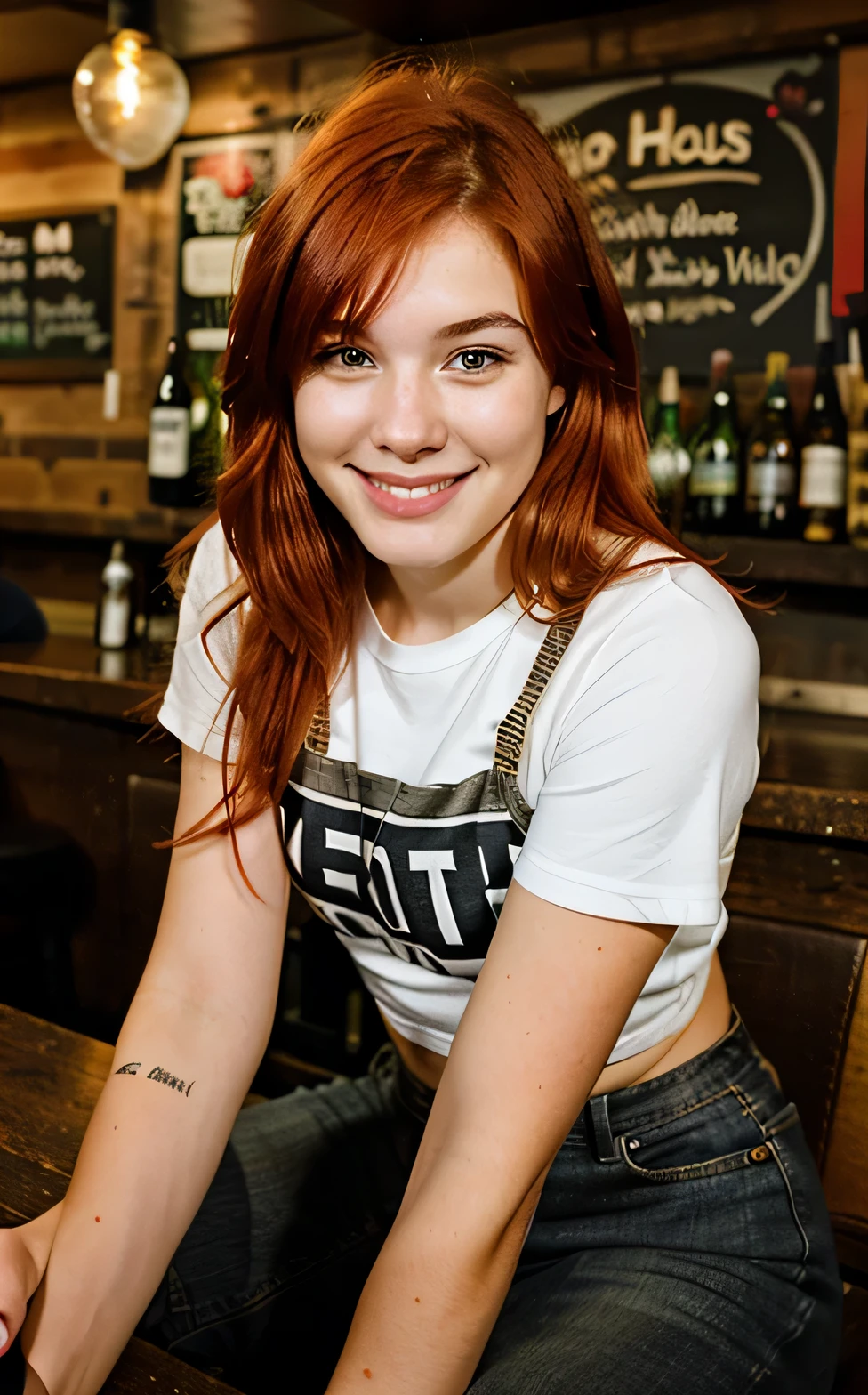 girl 20 year old, red hair, sitting in a pub, beer in her hand, smiling into the camera, hyper realistic