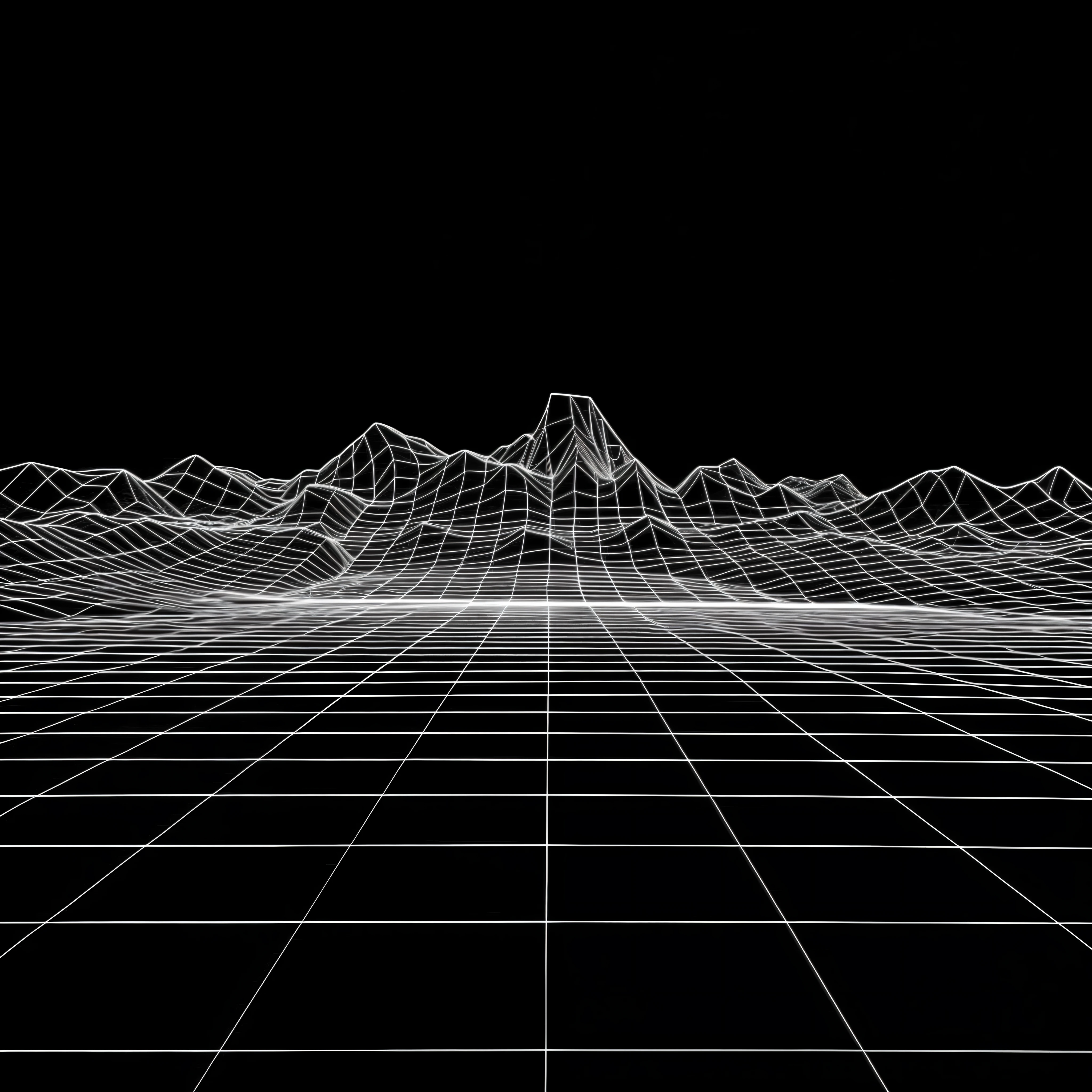 a black and white photo of a computer screen with a mountain in the background, wired landscape, 3d wireframe, 3d grainy aesthetic illustration, half textured half wireframe, wallpaper for monitor, old 3d graphics, displacement mapped, generative line art, lines and movement, depth map, futuristic landscape, vaporwave. black and white, wireframe