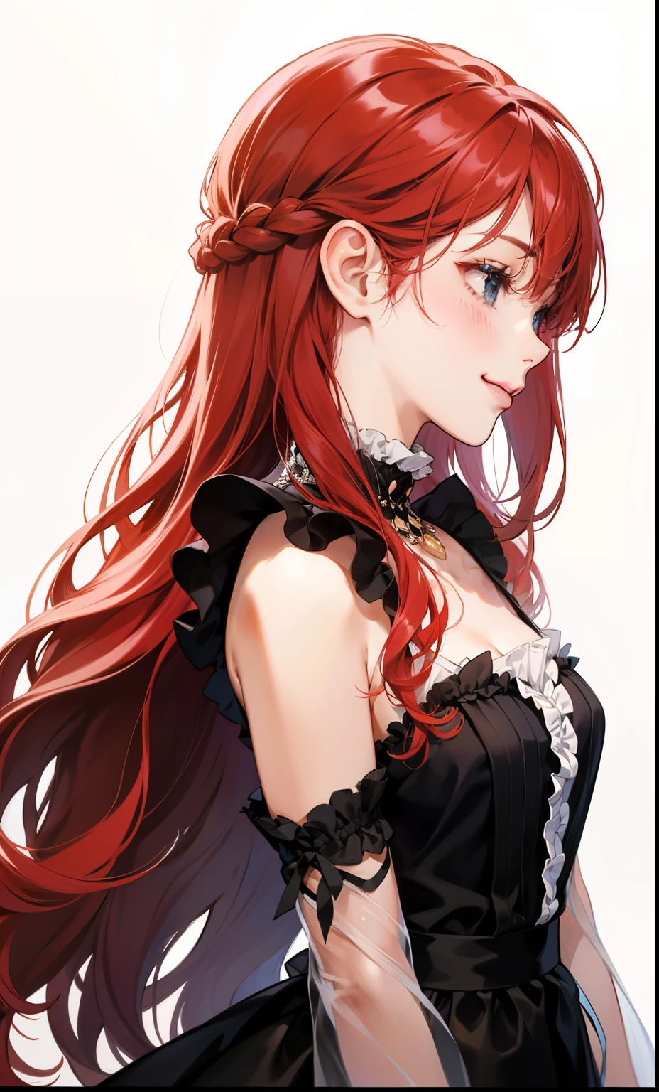 girl、white background、no background、Red hair、long hair、long curly hair、Contrasting bangs、black dress、Black see-through clothes、frills、、profile、view from the side、blush、smile、cute、no background