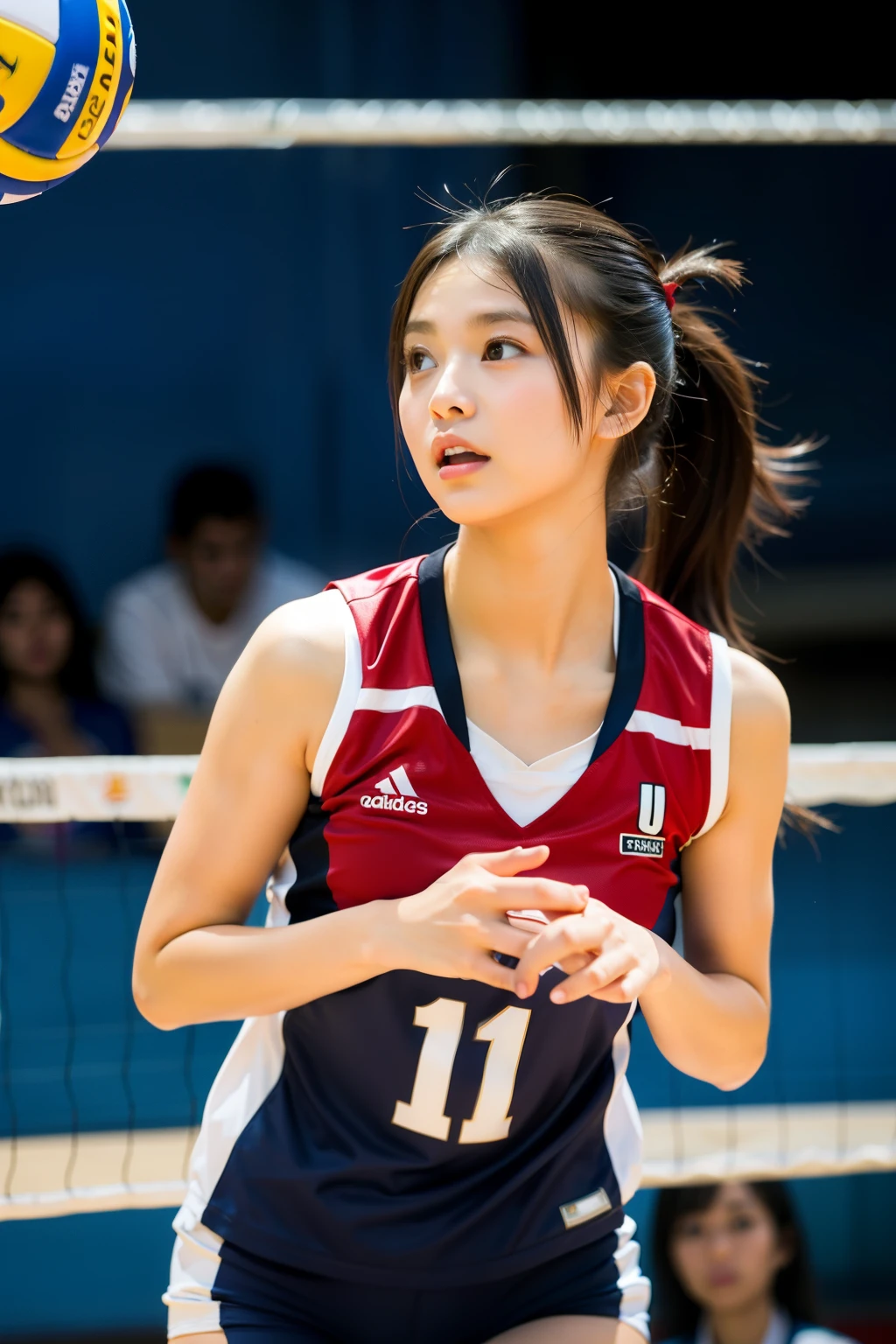 masterpiece:1.2、highest quality)、realistic、(real photos、intricate details、Depth of bounds written)、(1 girl、solo)、compensate、parted lips、Highly detailed perfect face、(medium chest:1.4)、narrow、expensive、Shiny coral lips、redhead、short hair、(Girl playing volleyball、volleyball uniform)、(sweating:1.2)、Sexy、blush、volleyball court、Volleyball Net、Gym、audience