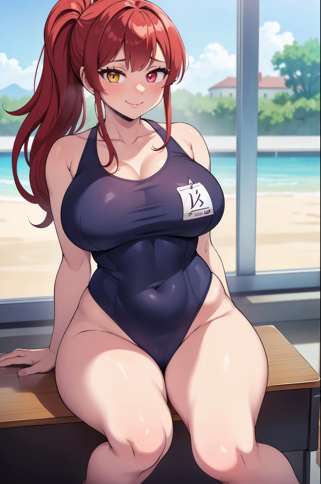 masterpiece, best quality, ultra-detailed, illustration, colorful, flat color, depth of field, lens flare, 1girl, houshou marine, anime, sitting, red hair, folded ponytail, red eye, yellow eye, heterochromia, looking at viewer, school, classroom, school swimsuit, one piece swimsuit, detailed skin texture, detailed cloth texture, beautiful detailed face, large breasts, blush, seductive smile, milf, wide hips, curvy