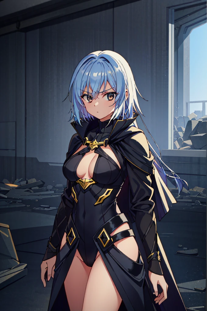 1 girl, (toned body), (alone), 19 years old,  HDR, スーツstands in the semi-darkness of a ruined building surrounded by opponents. Her black robe is attached to her body, Like casting a shadow, And the golden pattern on her mask shines in the dim light. sharp, Graceful blade flashes in her hand.