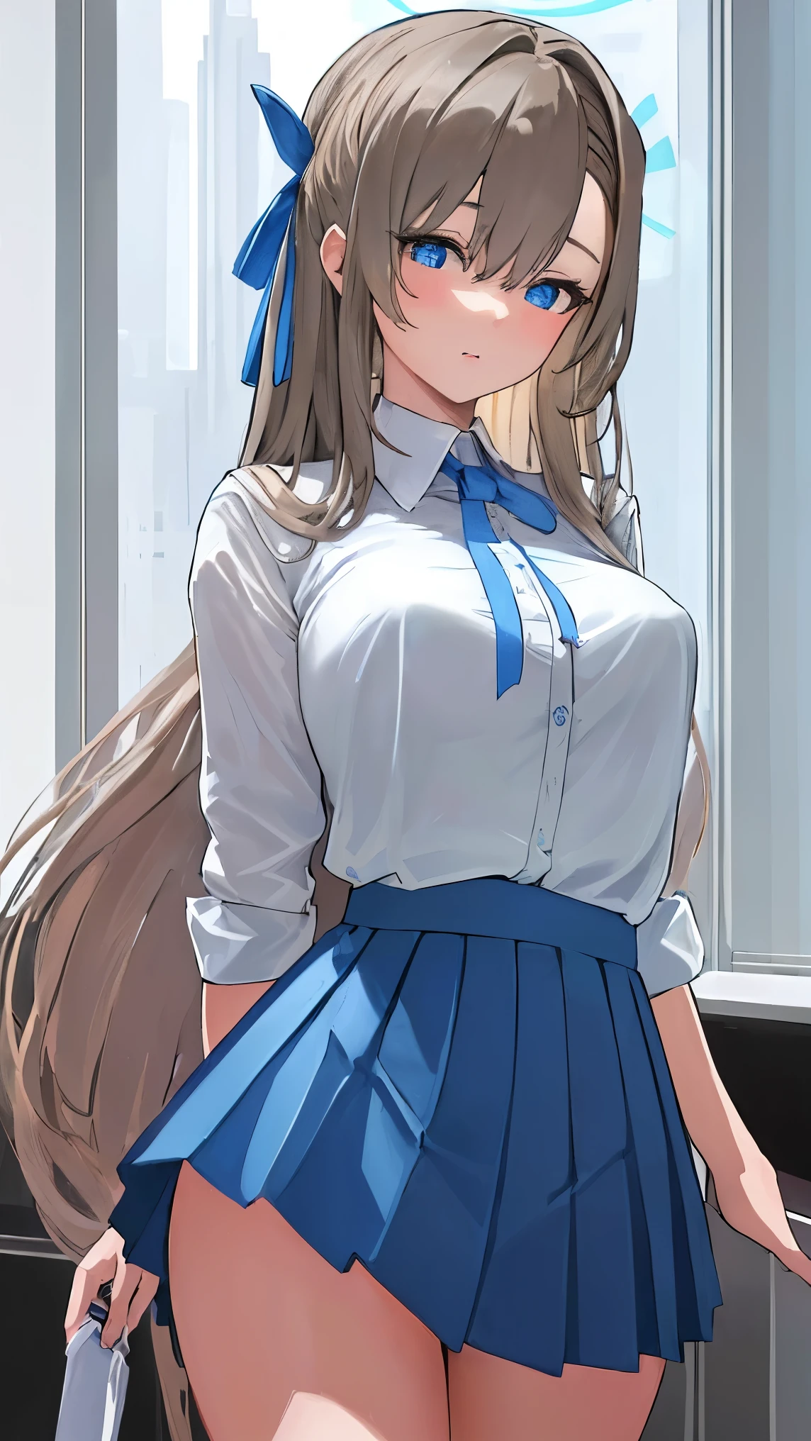 (masterpiece), (best quality), (ultra-detailed), photorealistic, (best illustration), (an extremely delicate and beautiful), 1girl, solo,  (Blue archive ichinose asuna) Long brown hair Light blue eyes White blouse Blue skirt Light blue ribbon Standing Inside a city office room insanely detailedinsanely detailed eyes insanely detailed face、insanely detailed body、insanely detailed skin