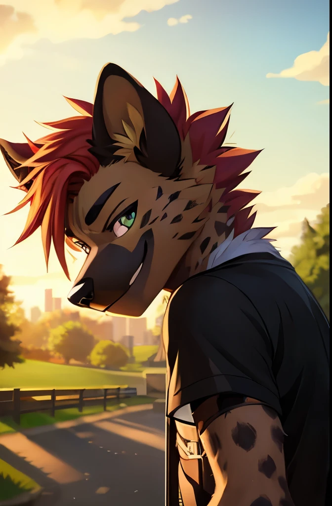 furry, solo, best quality, masterpiece, HDR, male hyena, in a park, , punk, smirk on his face