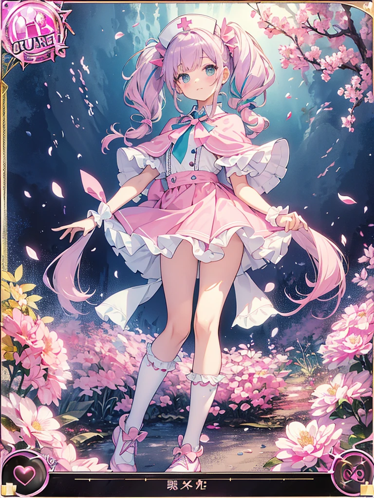 photo realistic, (masterpiece,best quality:1.4),(8k,raw photo,photo realistic:1.2),Not Safe for Work, detailed skin,detailed face,1girl,princess, cute face, super resolution,retro realistic details Illustration,,{{{elaborate,intricately,fantastic,delicately,tremendous,meticulous,minute,incredibly,obsessed,artisan's,subtle,virtuoso,skillful,vibrant, vivid, complex}}}, clearly focus edge, fresh natural gradation, best quality, amazing quality, very aesthetic, absurdres, pubisure,
(((Pink nurse))), mini frilled skirt, (((twintails))), (frilled panties), happy, ((nurse cap)), ((standing)), ((Long hair)), ((light purple hair)), wavy hair, volume, shimmering eyes, aqua eyes, child, 12 yo, petite, cute, (((cape))), Puffy Sleeves, shortsleeves,  (((Holding a cute magic wand))), (White frilled apron), flat chest, beautiful hands, neck ribbon, White gloves, baby face, twinkle in the eye, ((pink ribbon)) (((frilled overknee socks))),(((high tops))), ((high heels)), Heart necklace, ring, masterpiece, top-quality, not safe for work,
yumekawa,yumekawaii, pastel color,(wonderland:1.3),imagination, (((falling petals))), Flower, (Multicolored lights), (((trading card)))