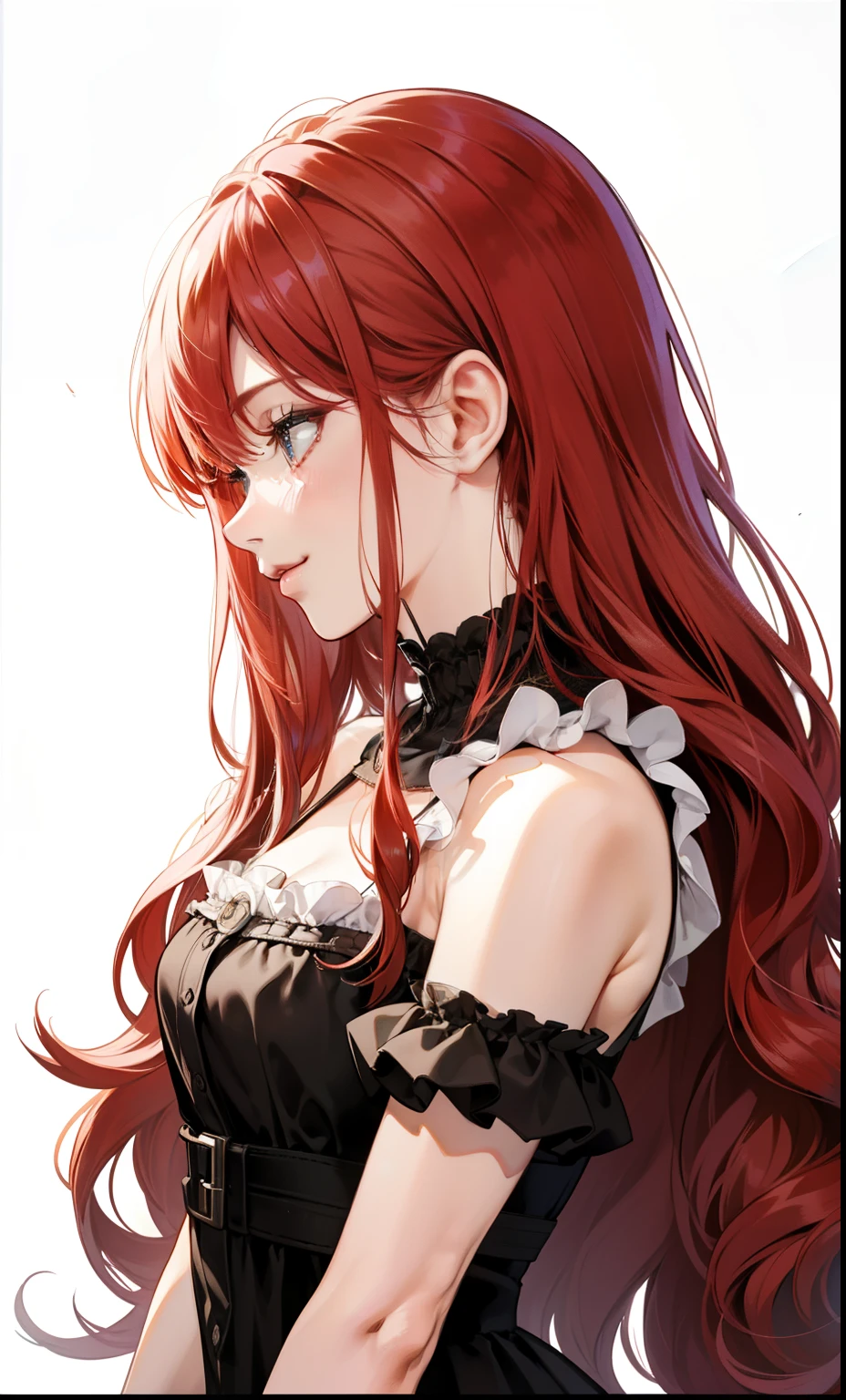 girl、white background、no background、Red hair、long hair、long curly hair、Contrasting bangs、black dress、Black see-through clothes、frills、、profile、view from the side、blush、smile、cute、no background