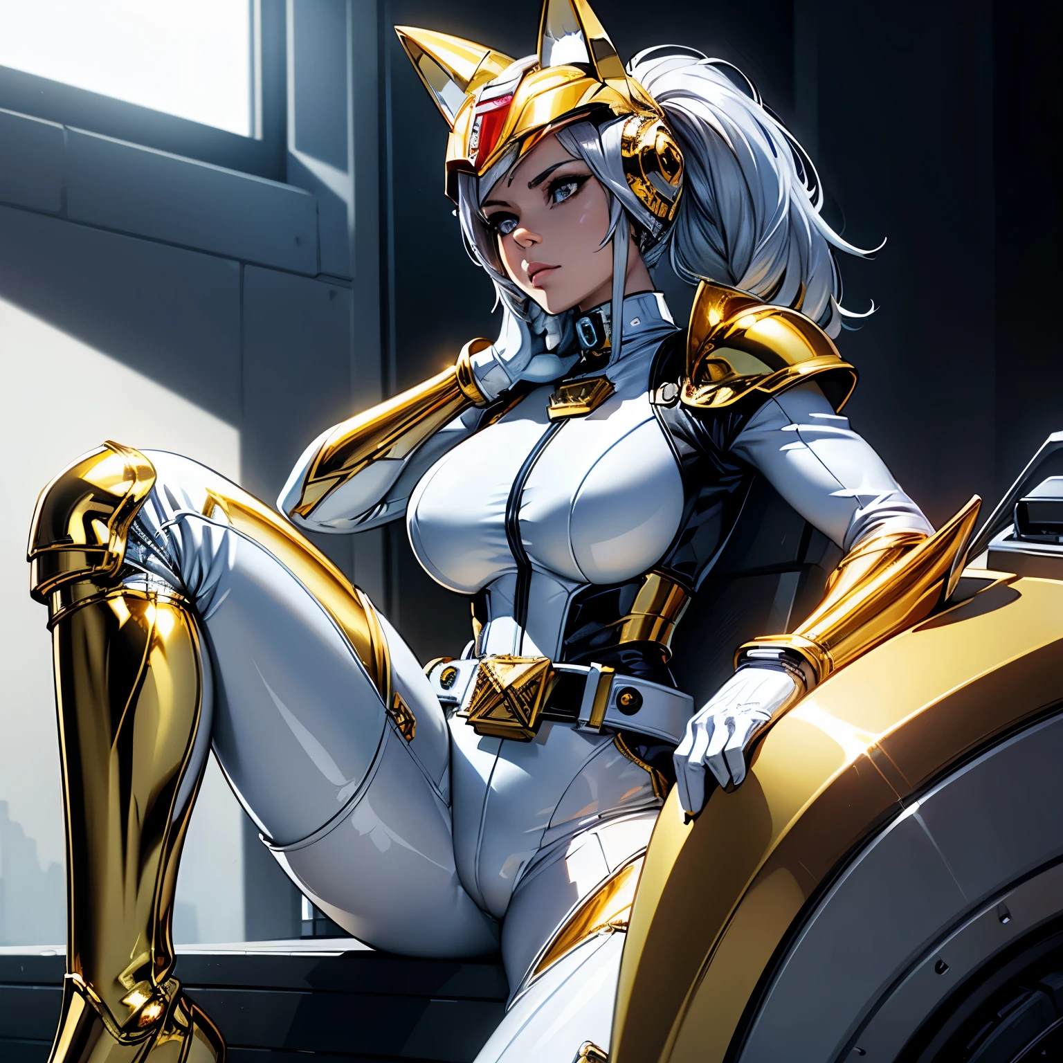 1woman, masterpiece,best quality, masterpiece, high detail,detailed face,detailed eyes,rendered eyes,perfect eyes,hip lines,ambient occlusion,crisp image,detailed,amazing,8k,8k wallpaper,8k background,high detailed skin,high res, ((female shot)), (running), megazord, mecha, (sitting in megazord cockpit) ((solo)), (gold chrome female Power Ranger), (((silver chrome armor, gold chrome Fox helmet, gold chrome bodysuit, white belt, black eyes, white gloves))), (((white boots))), silver chrome armor, white gloves, silver chrome bodysuit, vambraces, photo-realistic, ultra-realistic, unreal engine,