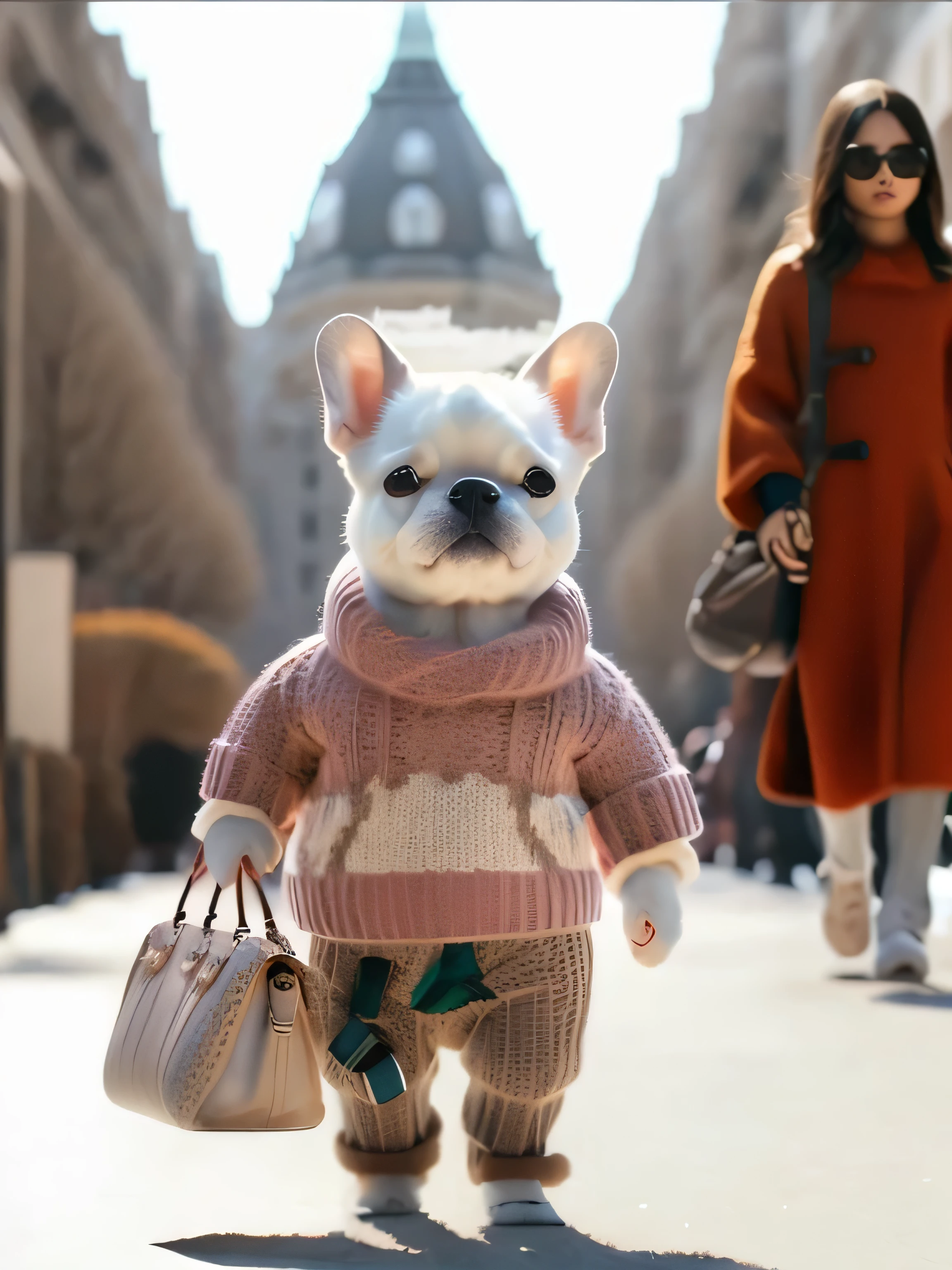 araffe dog in a sweater and pants walking down a street, highly fashionable, very fashionable, fursona wearing stylish clothes, very stylish, burberry, fashionable, french bulldog, very fashion, 2 0 2 0 fashion, high fashion themed, luxury fashion, from a movie scene, wes anderson and gucci, fashionista, wearing a sweater, in style of ultra realistic