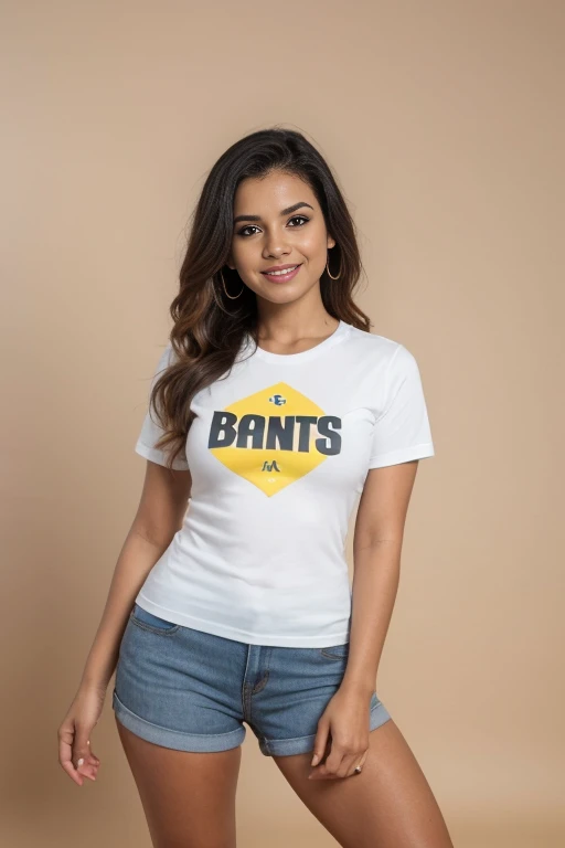 mulher brasileira, 30 anos, cabelos ondulados bonitos na altura dos ombros, Standing looking at the camera, Front position, image from head to knees, sorriso perfeito, perfect hands, camiseta branca, studio photo with yellow background