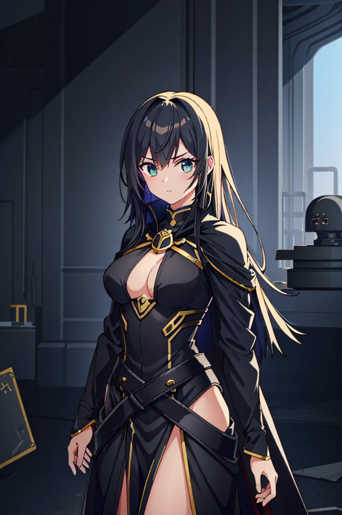 1 girl, (toned body), (alone), 19 years old, HDR, スーツstands in the semi-darkness of a ruined building surrounded by opponents. Her black robe is attached to her body, Like casting a shadow, And the golden pattern on her mask shines in the dim light. sharp, Graceful blade flashes in her hand.
