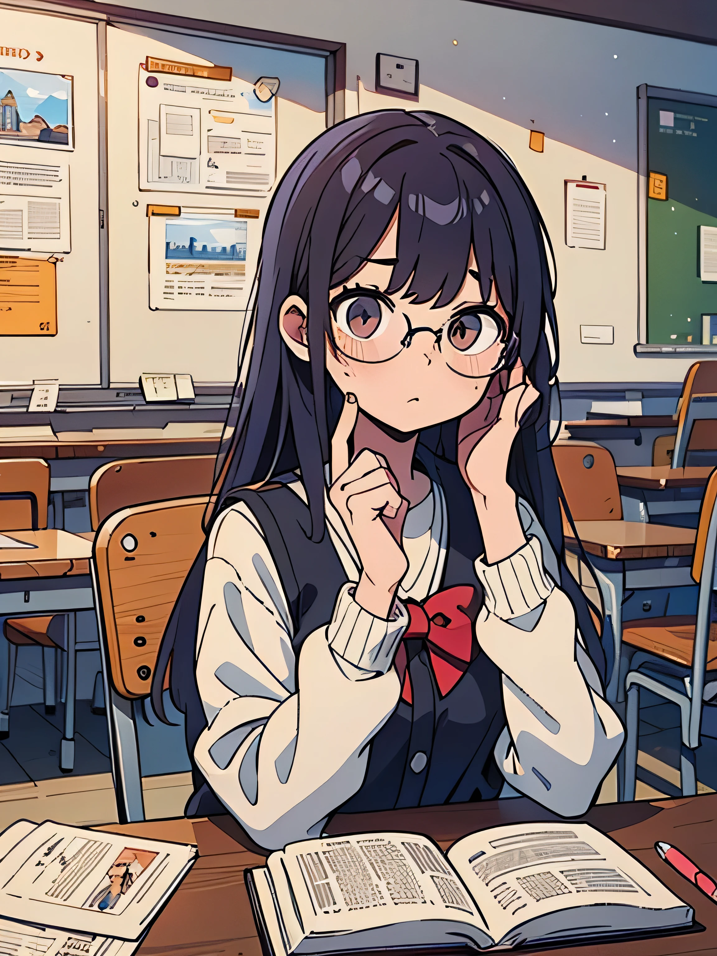 A young girl, a university student, sitting in a classroom during a lecture. She appears bored and disinterested, holding a fountain pen, and wearing glasses. The scene captures a moment of monotony, with the girl dozing off, symbolizing the tedium of the class. Emphasize the details of the glasses, the fountain pen, and the weariness on the student's face. The background should convey the classroom setting. Create a high-quality image that conveys the essence of a disengaged student, highlighting the elements of boredom, drowsiness, and scholarly tools.