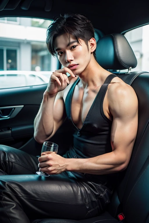 Vampire, a handsome Thai male  with a shark tattoo on his chest. Wears boots, has red eyes, has fangs, sits in a car, holds a glass of red wine. It's night time.