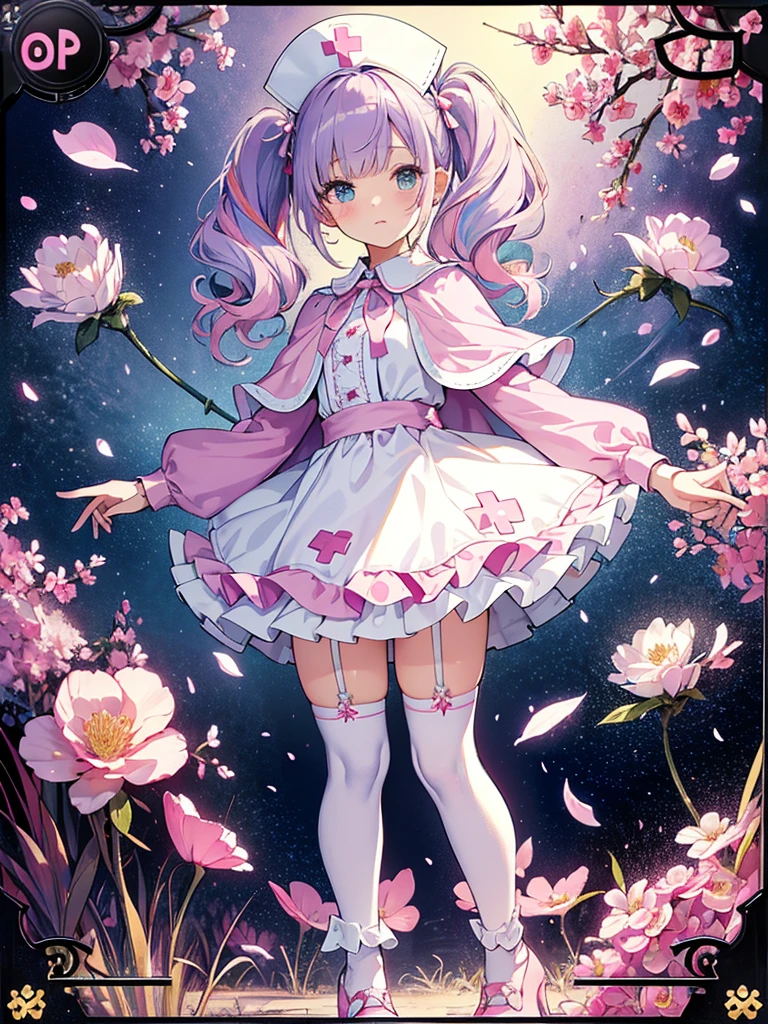photo realistic, (masterpiece,best quality:1.4),(8k,raw photo,photo realistic:1.2),Not Safe for Work, detailed skin,detailed face,1girl,princess, cute face, super resolution,retro realistic details Illustration,,{{{elaborate,intricately,fantastic,delicately,tremendous,meticulous,minute,incredibly,obsessed,artisan's,subtle,virtuoso,skillful,vibrant, vivid, complex}}}, clearly focus edge, fresh natural gradation, best quality, amazing quality, very aesthetic, absurdres, pubisure, (((Pink nurse))), mini frilled skirt, (((twintails))), (frilled panties), happy, ((nurse cap)), ((standing)), ((Long hair)), ((light purple hair)), shimmering eyes, aqua eyes, child, 12 yo, petite, cute, (((cape))), Puffy Sleeves, shortsleeves, (((Holding a cute magic wand))), (White frilled apron), flat chest, beautiful hands, neck ribbon, White gloves, baby face, twinkle in the eye, ((pink ribbon)) (((frilled overknee socks))),(((high tops))), ((high heels)), Heart necklace, ring, masterpiece, top-quality, not safe for work, yumekawa,yumekawaii, pastel color,(wonderland:1.3),imagination, (((falling petals))), Flower, (Multicolored lights), (((trading card)))