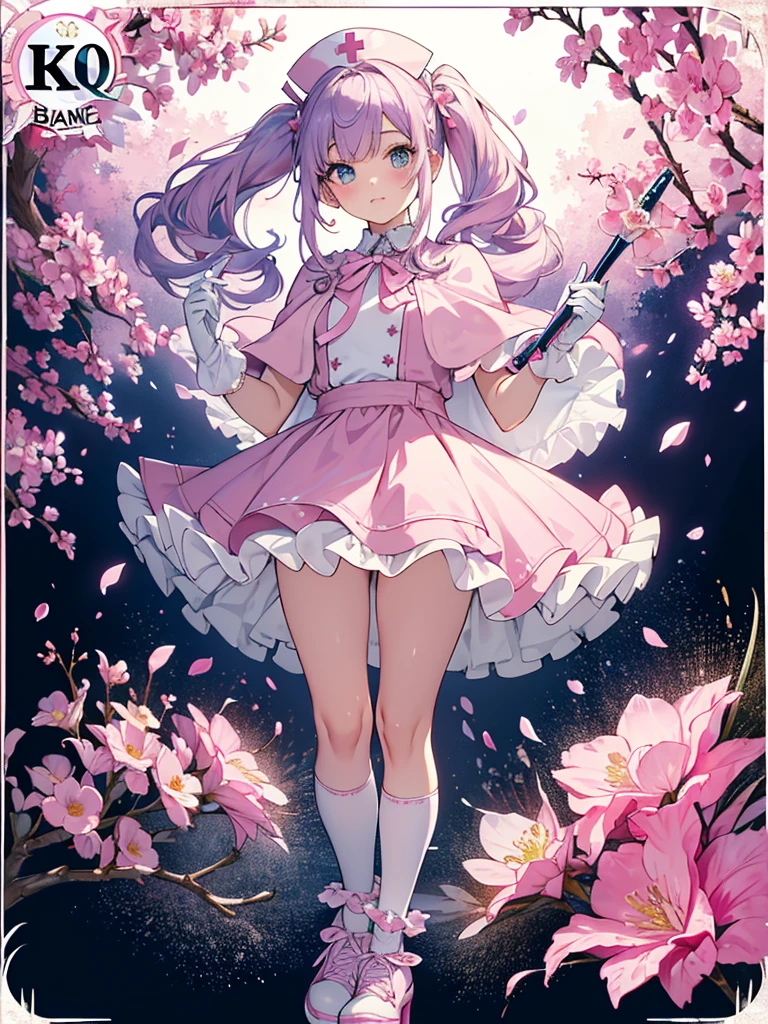 photo realistic, (masterpiece,best quality:1.4),(8k,raw photo,photo realistic:1.2),Not Safe for Work, detailed skin,detailed face,1girl,princess, cute face, super resolution,retro realistic details Illustration,,{{{elaborate,intricately,fantastic,delicately,tremendous,meticulous,minute,incredibly,obsessed,artisan's,subtle,virtuoso,skillful,vibrant, vivid, complex}}}, clearly focus edge, fresh natural gradation, best quality, amazing quality, very aesthetic, absurdres, pubisure, (((Pink nurse))), mini frilled skirt, (((twintails))), (frilled panties), happy, ((nurse cap)), ((standing)), ((Long hair)), ((light purple hair)), shimmering eyes, aqua eyes, child, 12 yo, petite, cute, (((cape))), Puffy Sleeves, shortsleeves, (((Holding a cute magic wand))), (White frilled apron), flat chest, beautiful hands, neck ribbon, White gloves, baby face, twinkle in the eye, ((pink ribbon)) (((frilled overknee socks))),(((high tops))), ((high heels)), Heart necklace, ring, masterpiece, top-quality, not safe for work, yumekawa,yumekawaii, pastel color,(wonderland:1.3),imagination, (((falling petals))), Flower, (Multicolored lights), (((trading card)))