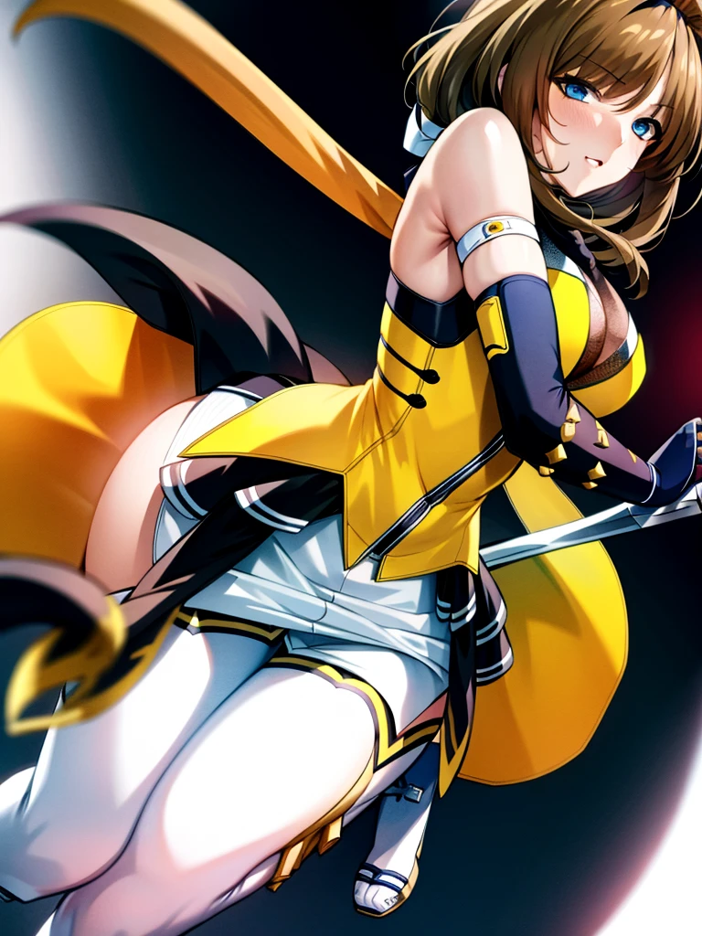 (hyper extreme detailed),(master piece),(hyper extreme),(realistic),cg,Lastration,novel iLastration,1 girl,takamori_Haruka,ninja,white mini skirt, yellow cloth,white legwear,software,