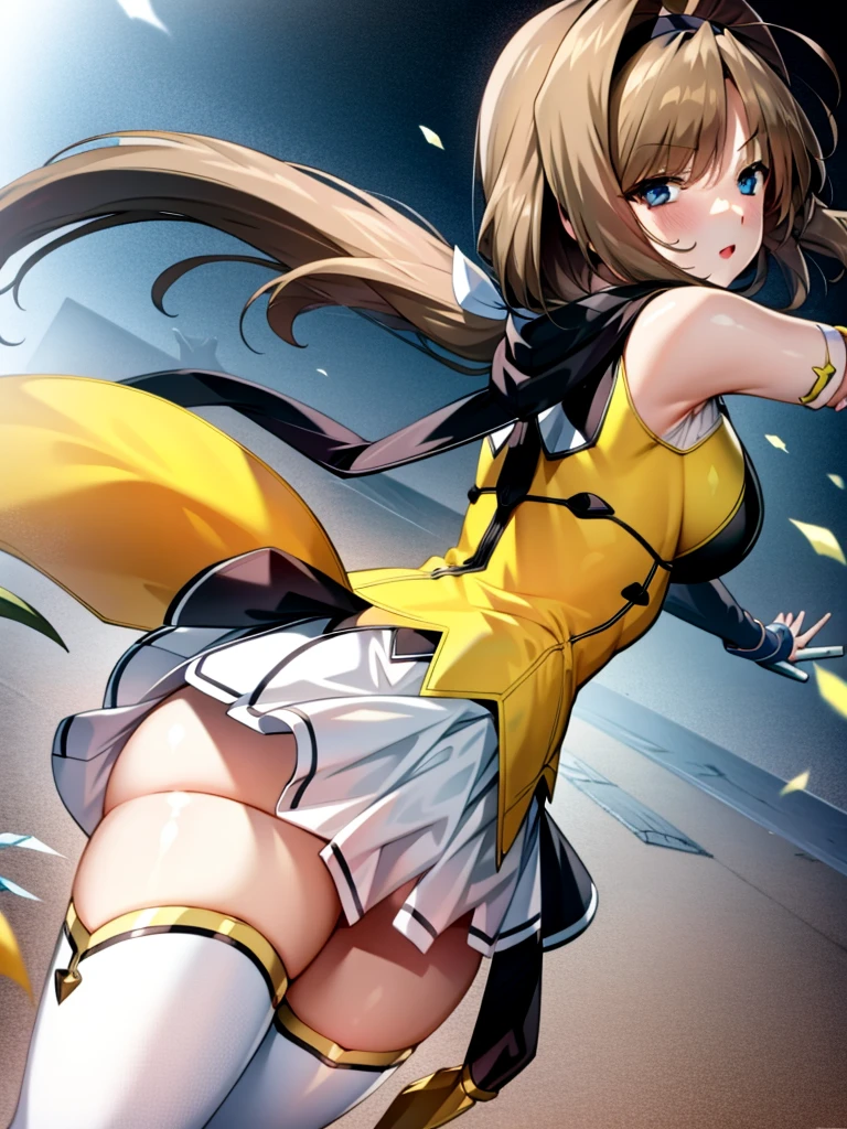 (hyper extreme detailed),(master piece),(hyper extreme),(realistic),cg,Lastration,novel iLastration,1 girl,takamori_Haruka,ninja,white mini skirt, yellow cloth,white legwear,software,