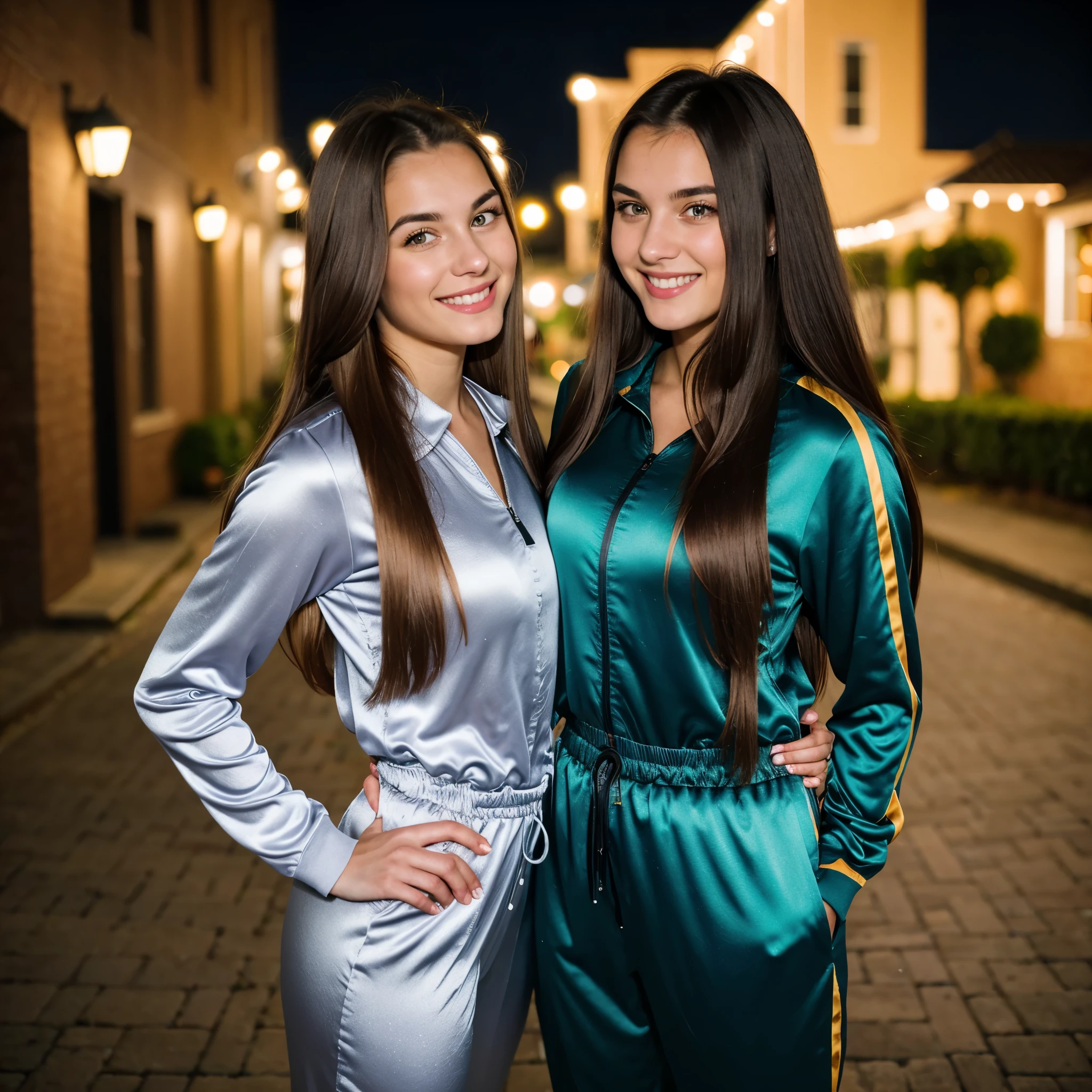 two beautiful young 21 year old Dutch women, hands on hips, beautiful eyes, pretty face, detailed eyes, perfect eyes, (long flowing hair, mix of hair styles), (mix of hair colors), (shiny satin tracksuits), smiling, looking into camera, low light, neighborhood yard in background