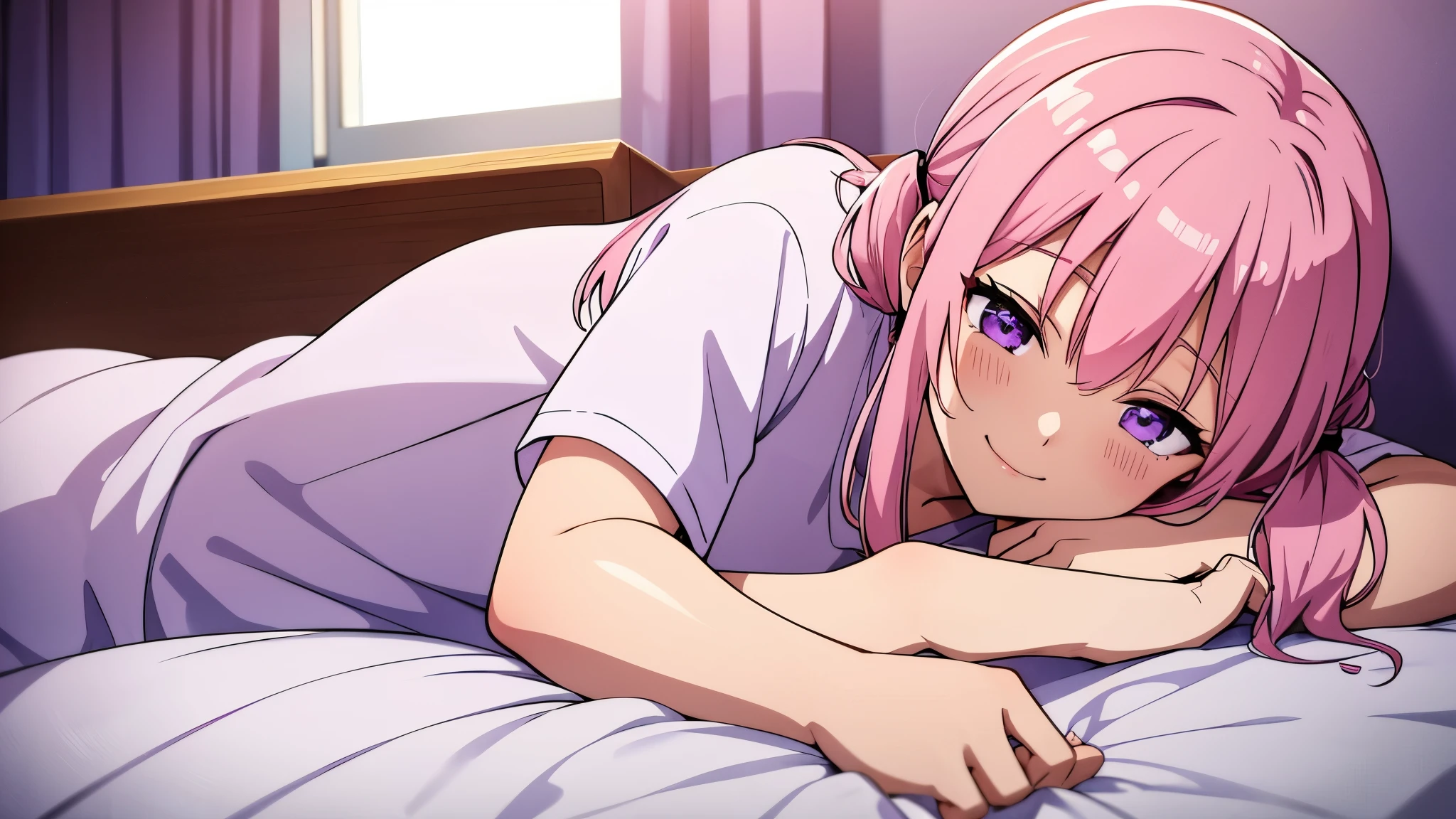twin tails, pink hair, purple eyes, cute , lying in bed, In a white shirt, young, He smiles and sleeps with me