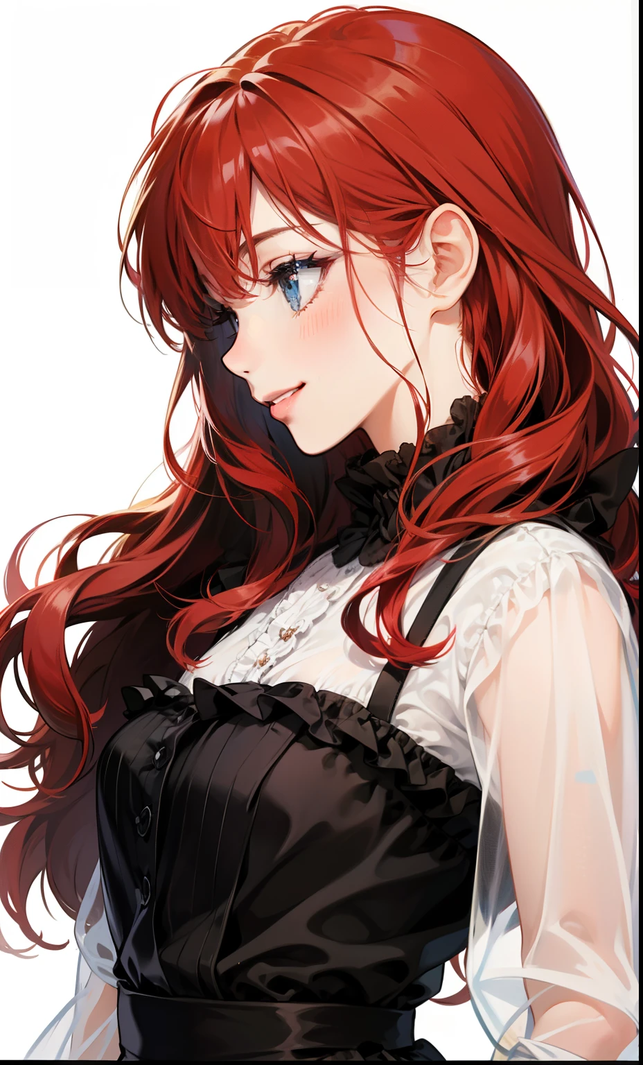 girl、white background、no background、Red hair、long hair、long curly hair、Contrasting bangs、black dress、Black see-through clothes、frills、、profile、view from the side、blush、smile、cute、no background