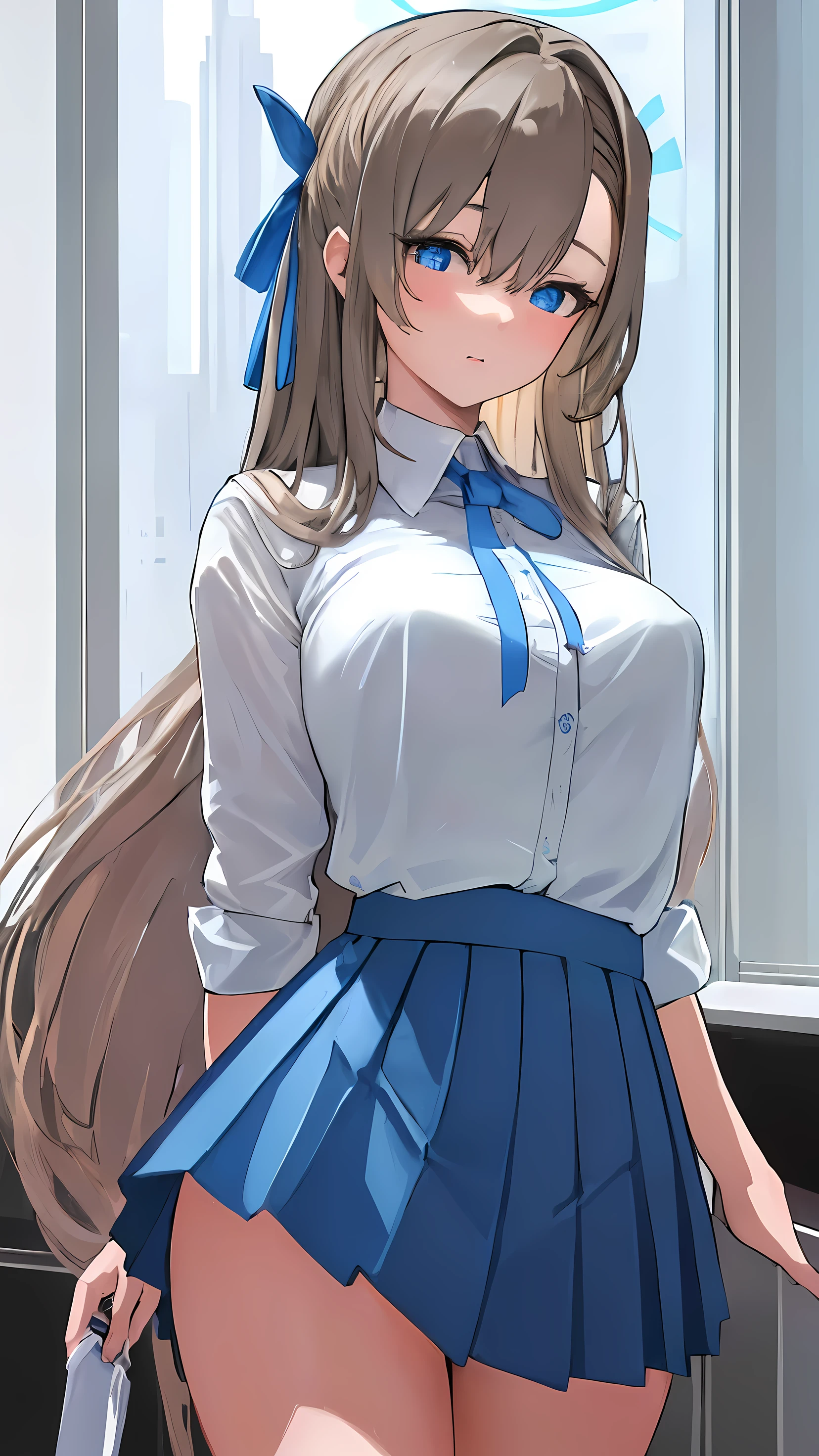 (masterpiece), (highest quality), (super detailed), realistic, (best illustrations), (very delicate and beautiful), 1 girl, alone,  (Blue archive ichinose asuna) Long brown hair, light blue eyes, white blouse, blue skirt, light blue ribbon, standing inside the city hall, very detailed, very detailed eyes, very detailed face、insanely detailed body、Insanely detailed skin