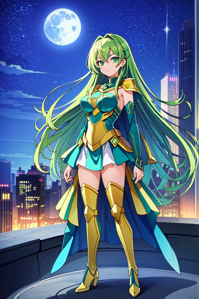 (Masterpiece, 4k resolution, ultra-realistic, very detailed), (Theme of knights of the zodiac, charismatic, there is a girl at the top of the city, wearing a golden gold armor Sagittarius knight, she is a superhero), [ ((20 years), (long green hair:1.2), full body, (green eyes:1.2), ((fighting pose),show of strength), ((sandy urban environment):0.8)| (cityscape, at night, dynamic lights), (full moon))