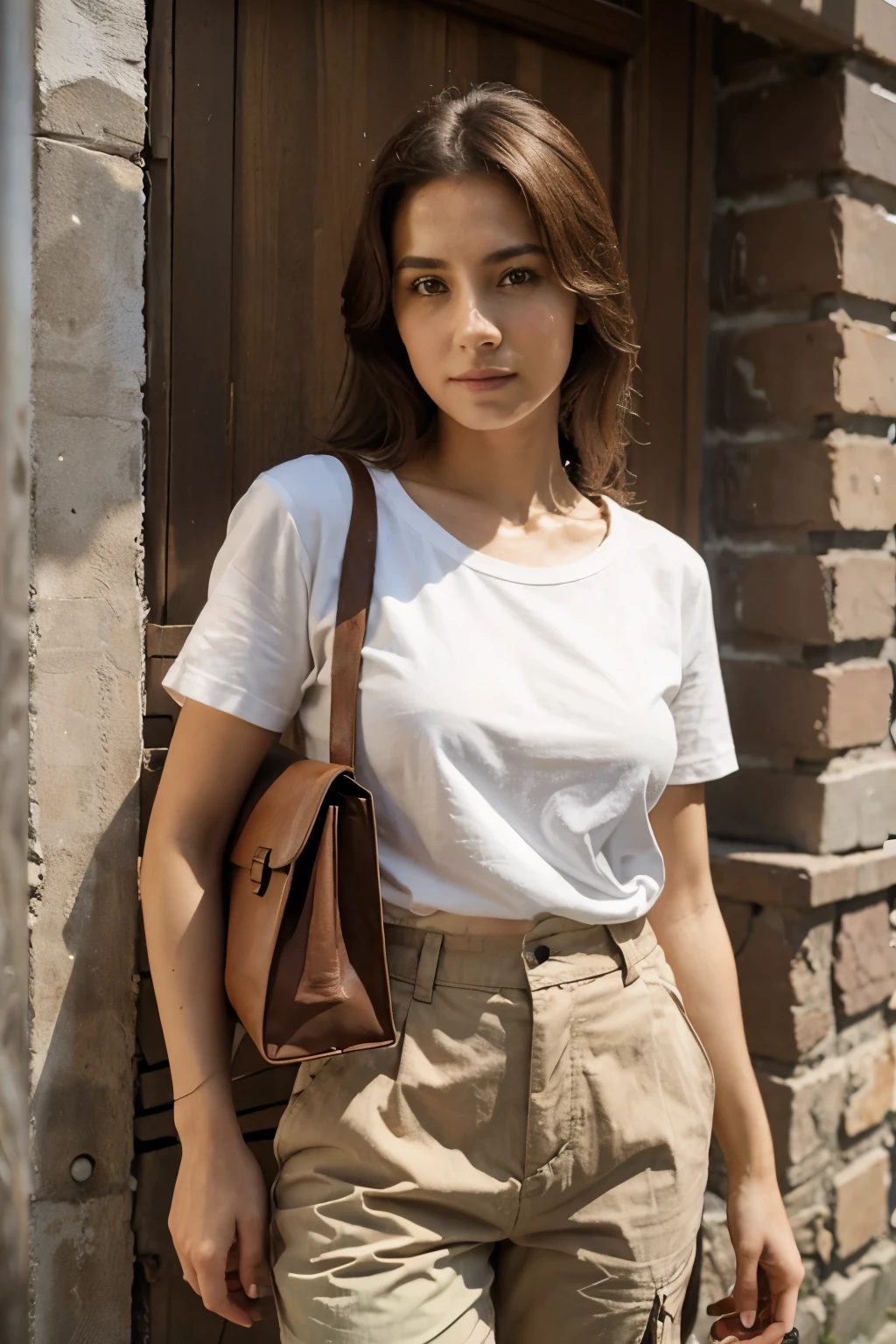 30 years old woman at exterior, dressed with a white t-shirt and brown trousers, holding a brown bag, sunny, sun