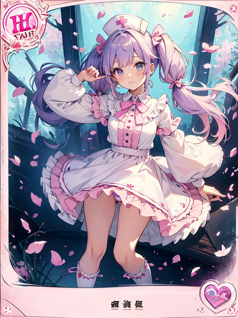 photo realistic, (masterpiece,best quality:1.4),(8k,raw photo,photo realistic:1.2),Not Safe for Work, detailed skin,detailed face,1girl,princess, cute face, super resolution,retro realistic details Illustration,,{{{elaborate,intricately,fantastic,delicately,tremendous,meticulous,minute,incredibly,obsessed,artisan's,subtle,virtuoso,skillful,vibrant, vivid, complex}}}, clearly focus edge, fresh natural gradation, best quality, amazing quality, very aesthetic, absurdres, pubisure, (((Pink nurse))), mini frilled skirt, (((twintails))), (frilled panties), happy, ((nurse cap)), ((standing)), ((Long hair)), ((light purple hair)), shimmering eyes, aqua eyes, child, 12 yo, petite, cute, (((cape))), Puffy Sleeves, shortsleeves, (((Holding a cute magic wand))), (White frilled apron), flat chest, beautiful hands, neck ribbon, White gloves, baby face, twinkle in the eye, ((pink ribbon)) (((frilled overknee socks))),(((high tops))), ((high heels)), Heart necklace, ring, masterpiece, top-quality, not safe for work, yumekawa,yumekawaii, pastel color,(wonderland:1.3),imagination, (((falling petals))), Flower, (Multicolored lights), (((trading card)))