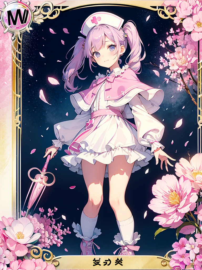 photo realistic, (masterpiece,best quality:1.4),(8k,raw photo,photo realistic:1.2),Not Safe for Work, detailed skin,detailed face,1girl,princess, cute face, super resolution,retro realistic details Illustration,,{{{elaborate,intricately,fantastic,delicately,tremendous,meticulous,minute,incredibly,obsessed,artisan's,subtle,virtuoso,skillful,vibrant, vivid, complex}}}, clearly focus edge, fresh natural gradation, best quality, amazing quality, very aesthetic, absurdres, pubisure, (((Pink nurse))), mini frilled skirt, (((twintails))), (frilled panties), happy, ((nurse cap)), ((standing)), ((Long hair)), ((light purple hair)), shimmering eyes, aqua eyes, child, 12 yo, petite, cute, (((cape))), Puffy Sleeves, shortsleeves, (((Holding a cute magic wand))), (White frilled apron), flat chest, beautiful hands, neck ribbon, White gloves, baby face, twinkle in the eye, ((pink ribbon)) (((frilled overknee socks))),(((high tops))), ((high heels)), Heart necklace, ring, masterpiece, top-quality, not safe for work, yumekawa,yumekawaii, pastel color,(wonderland:1.3),imagination, (((falling petals))), Flower, (Multicolored lights), (((trading card)))