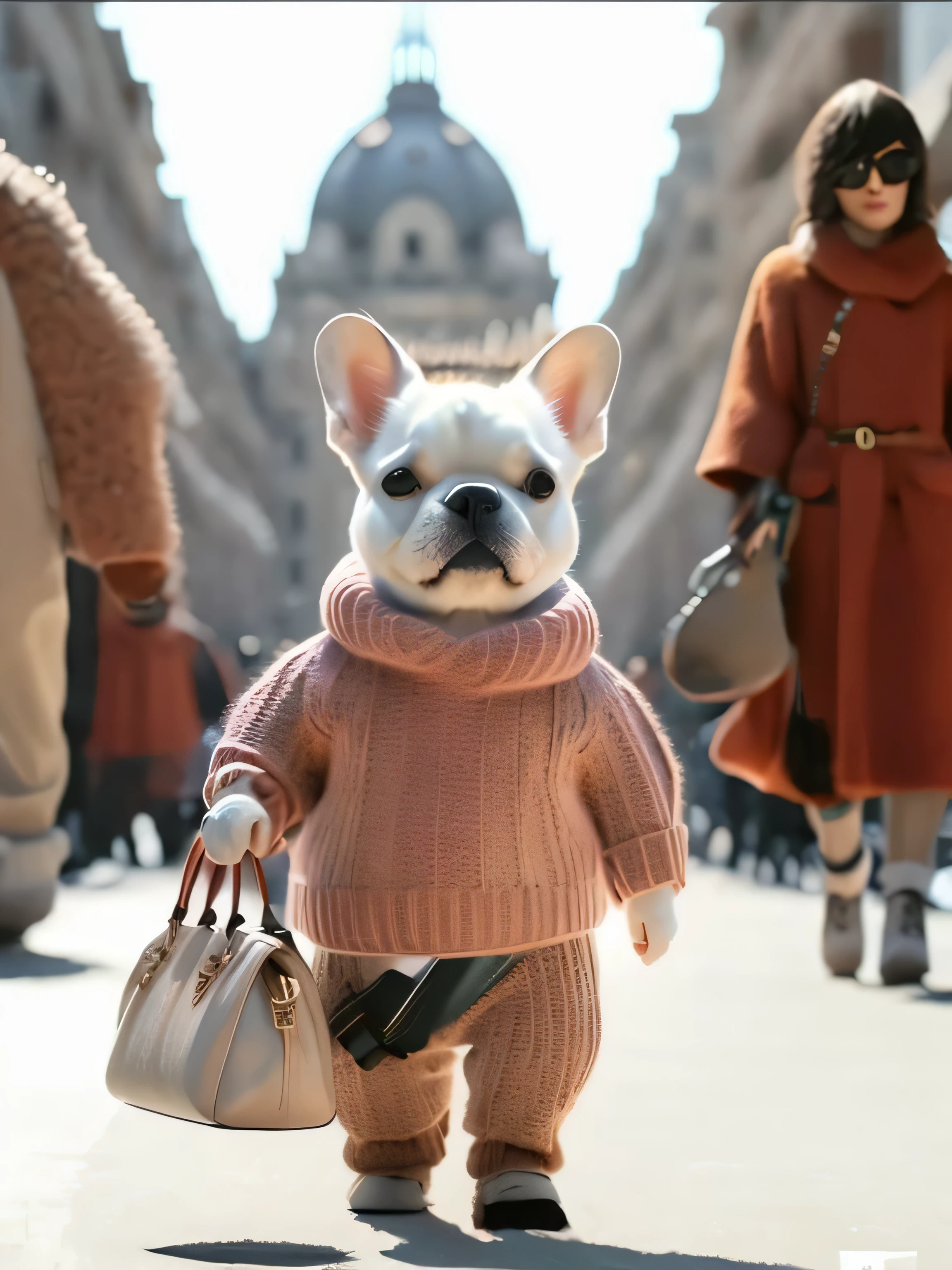araffe dog in a sweater and pants walking down a street, highly fashionable, very fashionable, fursona wearing stylish clothes, very stylish, burberry, fashionable, french bulldog, very fashion, 2 0 2 0 fashion, high fashion themed, luxury fashion, from a movie scene, wes anderson and gucci, fashionista, wearing a sweater, in style of ultra realistic