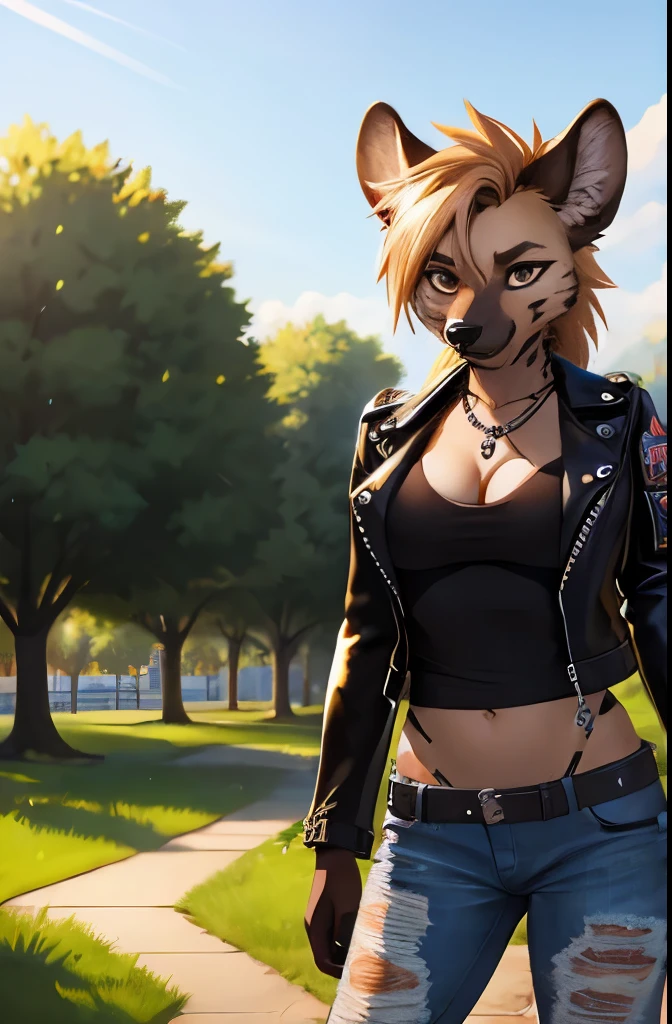 furry, solo, best quality, masterpiece, HDR, female hyena, in a park, teen, punk, standing, full body, leather jacket and ripped jeans, cleavage