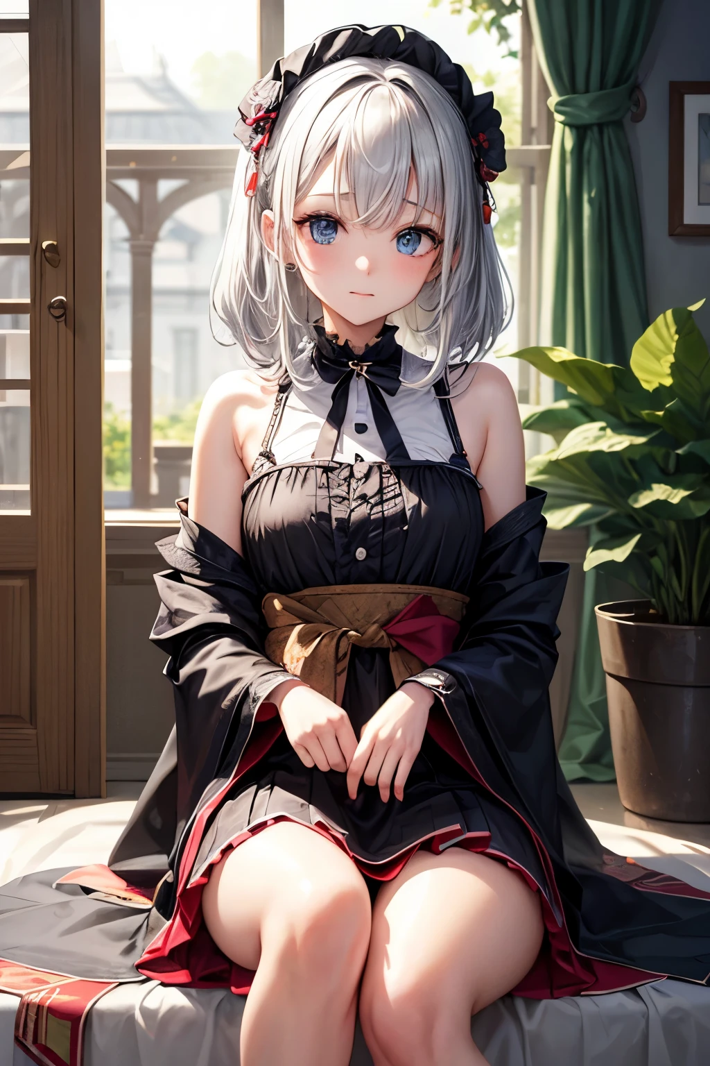 masterpiece,1 girl,alone,gray hair, sarashi,bandage,sarashi,cleavage,bare shoulders, kimono,(kneel down:1.2),blush,open your mouth,cherry blossoms, Grass,