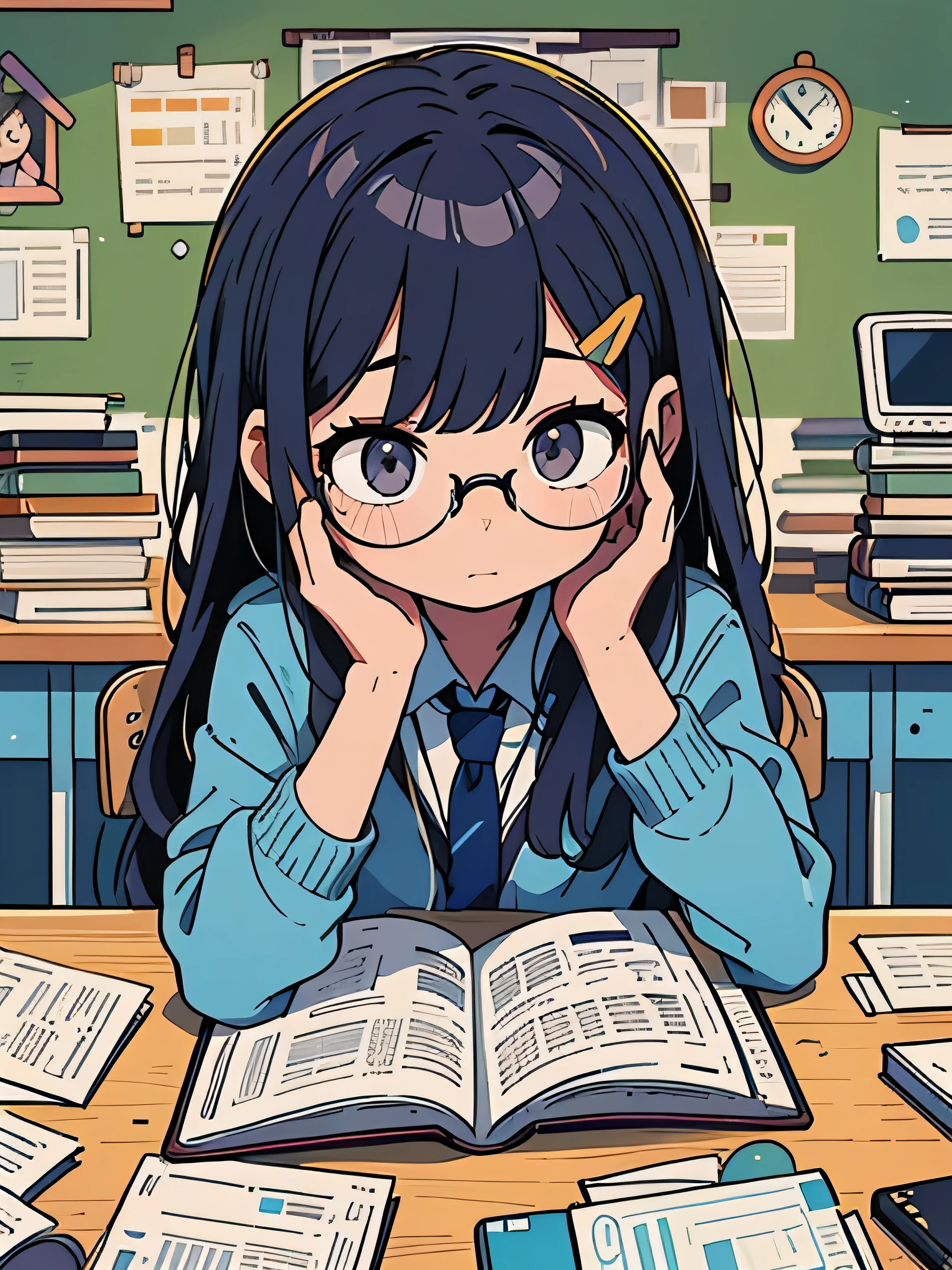 A young girl, a university student, sitting in a classroom during a lecture. She appears bored and disinterested, holding a fountain pen, and wearing glasses. The scene captures a moment of monotony, with the girl dozing off, symbolizing the tedium of the class. Emphasize the details of the glasses, the fountain pen, and the weariness on the student's face. The background should convey the classroom setting. Create a high-quality image that conveys the essence of a disengaged student, highlighting the elements of boredom, drowsiness, and scholarly tools.