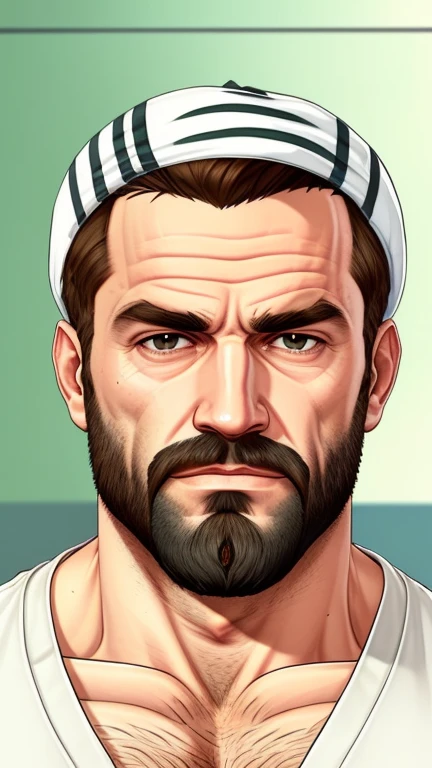 um retrato de @me wearing a white cap,estilo gtav, 20 anos de idade, homem careca e de barba ruiva, barba aparada
