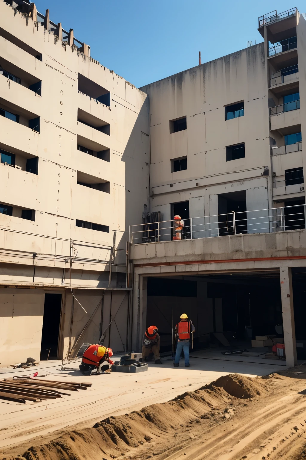 On the construction site,There is an old man wearing a red hat,Pouring cement into the drill hole,There are two other uncles wearing hats and a drilling machine next to them,Reality,reality,Camera shot