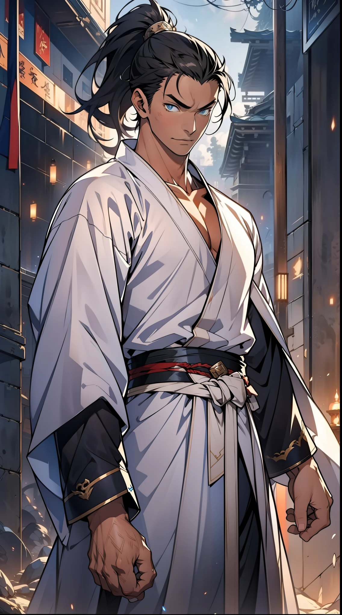 Two dimensions,anime style,one person(male warrior),proportions are correct,facial details,swordsman,high ponytail hairstyle,neck detail,Have an Adam's apple,White robe,joke,white robe,clothing details,transfer,long sleeves,Game quality,fencing,Ray tracing,Ray tracing,Detailed glow,CG rendering,hair details,long white hair,blue eyes,Handsome,Handsome,(Youthful feeling),Clothing is complicated,Perfect composition,refine,high quality,higher details,many details,Complex background,a sense of atmosphere,