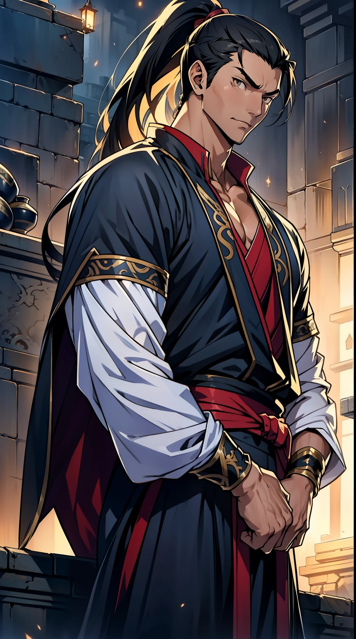 Two dimensions，anime style，one person（Male Warrior），proportions are correct，facial details，swordsman，high ponytail hairstyle，neck detail，Have an Adam&#39;s apple，Black period costume，joke，black toga，clothing details，long sleeves，Game quality，Ray tracing，Ray tracing，Detailed glow，CG rendering，hair details，long white hair，black eyes，Handsome，Handsome，（Youthful feeling），The costume is very simple，Perfect composition，refine，high quality，higher details，many details，Complex background，a sense of atmosphere，