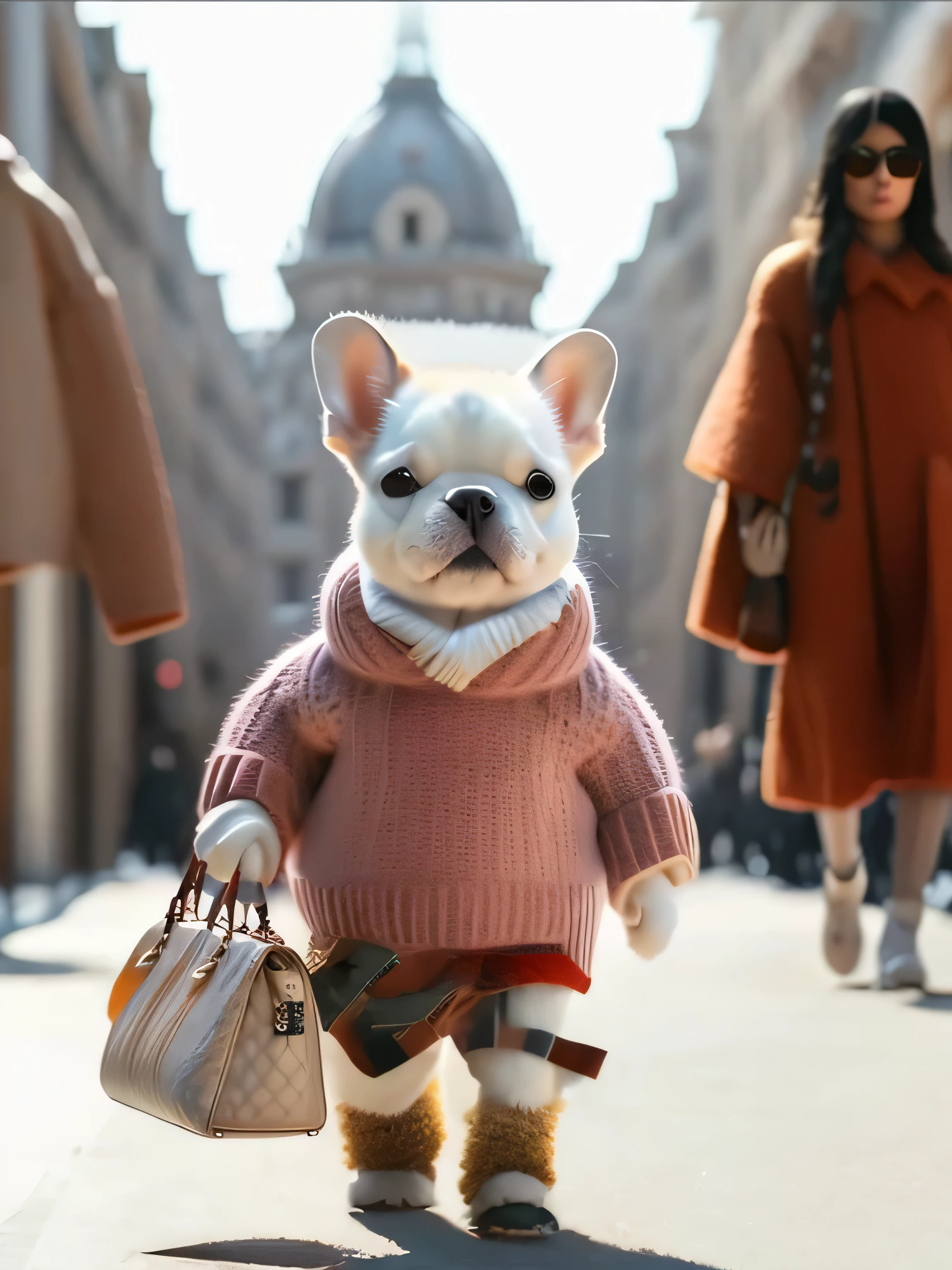 araffe dog in a sweater and pants walking down a street, highly fashionable, very fashionable, fursona wearing stylish clothes, very stylish, burberry, fashionable, french bulldog, very fashion, 2 0 2 0 fashion, high fashion themed, luxury fashion, from a movie scene, wes anderson and gucci, fashionista, wearing a sweater, in style of ultra realistic