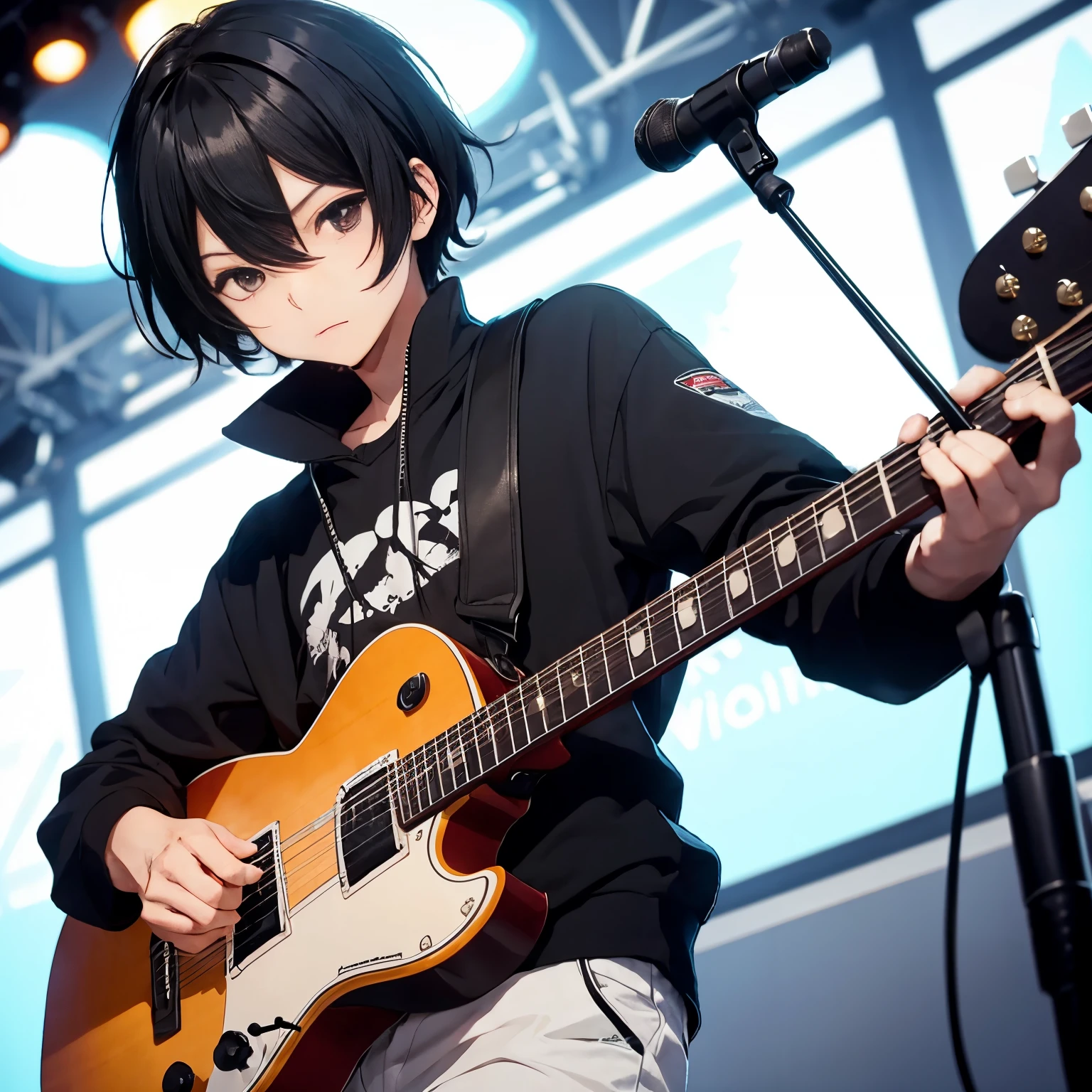 Black hair mash、boy、playing the guitar