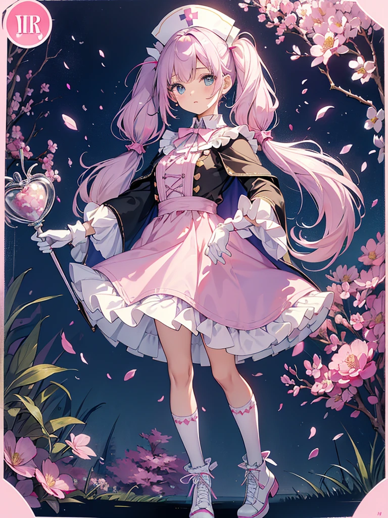 photo realistic, (masterpiece,best quality:1.4),(8k,raw photo,photo realistic:1.2),Not Safe for Work, detailed skin,detailed face,1girl,princess, cute face, super resolution,retro realistic details Illustration,,{{{elaborate,intricately,fantastic,delicately,tremendous,meticulous,minute,incredibly,obsessed,artisan's,subtle,virtuoso,skillful,vibrant, vivid, complex}}}, clearly focus edge, fresh natural gradation, best quality, amazing quality, very aesthetic, absurdres, pubisure, (((Pink  gothic dresses))), mini frilled skirt, (((twintails))), (frilled panties), happy, ((nurse cap)), ((standing)), ((Long hair)), ((light purple hair)), shimmering eyes, aqua eyes, child, 12 yo, petite, cute, (((cape))), Puffy Sleeves, shortsleeves, (((Holding a cute magic wand))), (White frilled apron), flat chest, beautiful hands, neck ribbon, White gloves, baby face, twinkle in the eye, ((pink ribbon)) (((frilled overknee socks))),(((high tops))), ((high heels)), Heart necklace, ring, masterpiece, top-quality, not safe for work, yumekawa,yumekawaii, pastel color,(wonderland:1.3),imagination, (((falling petals))), Flower, (Multicolored lights), (((trading card)))