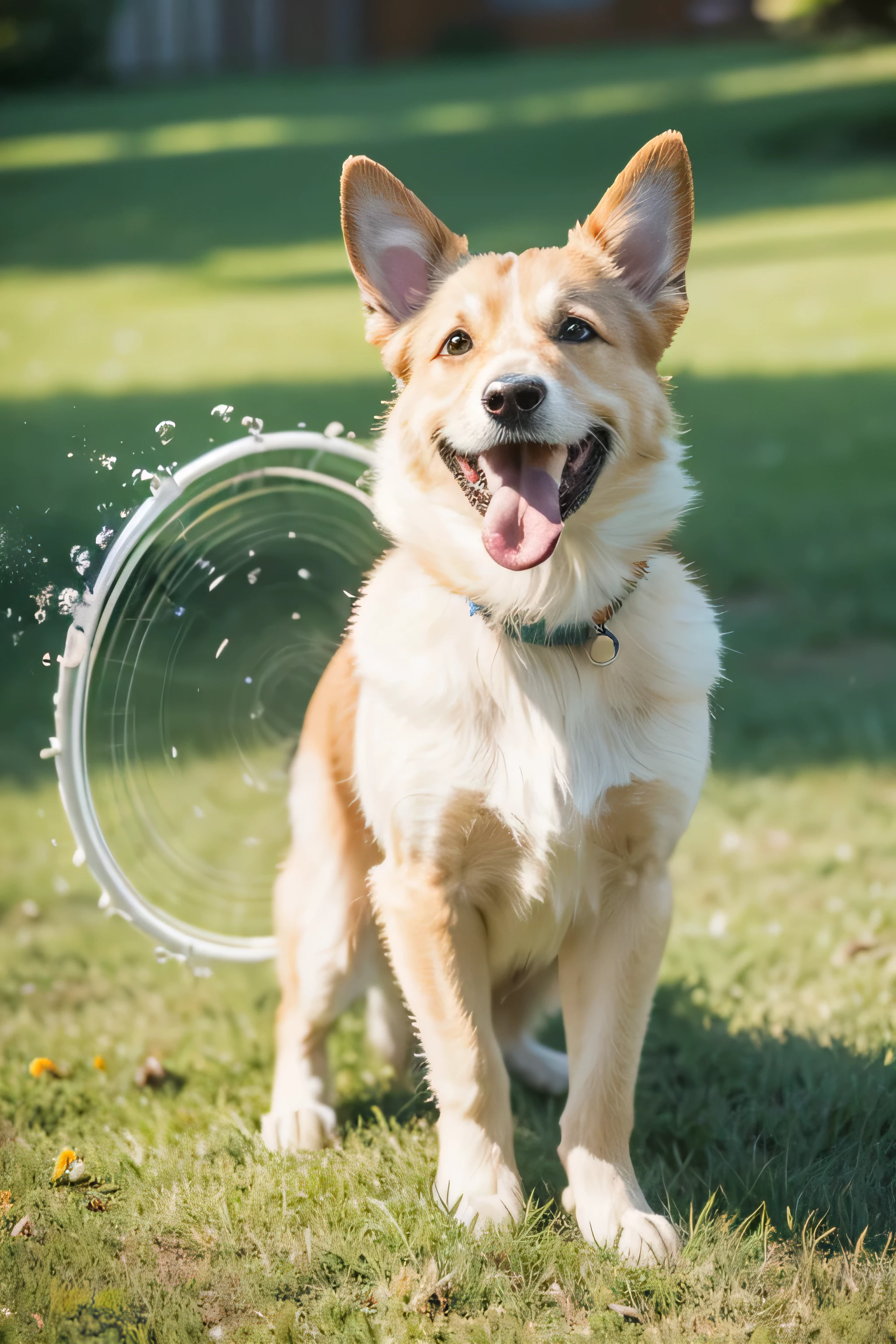"A photorealistic image of a joyful dog, its coat gleaming with a healthy sheen under the soft sunlight of a late afternoon. The setting is a backyard filled with life - green grass, vibrant flowers, and perhaps a frisbee or ball in play. The dog's stance is dynamic, full of energy and life, captured with a high-speed shutter to freeze a moment of pure, uninhibited play. Its face should show a lively expression, eyes bright, and tongue playfully lolling out in a happy pant. The scene encapsulates the essence of canine delight during a lazy and contented afternoon, with every detail sharply in focus to create a sense of immediacy and presence."