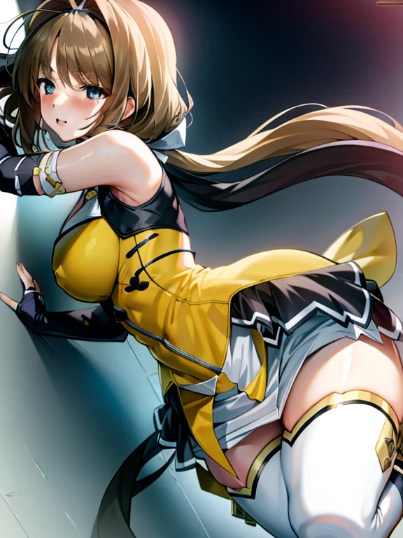 (hyper extreme detailed),(master piece),(hyper extreme),(realistic),cg,Lastration,novel iLastration,1 girl,takamori_Haruka,ninja,white mini skirt, yellow cloth,white legwear,software,spread legs