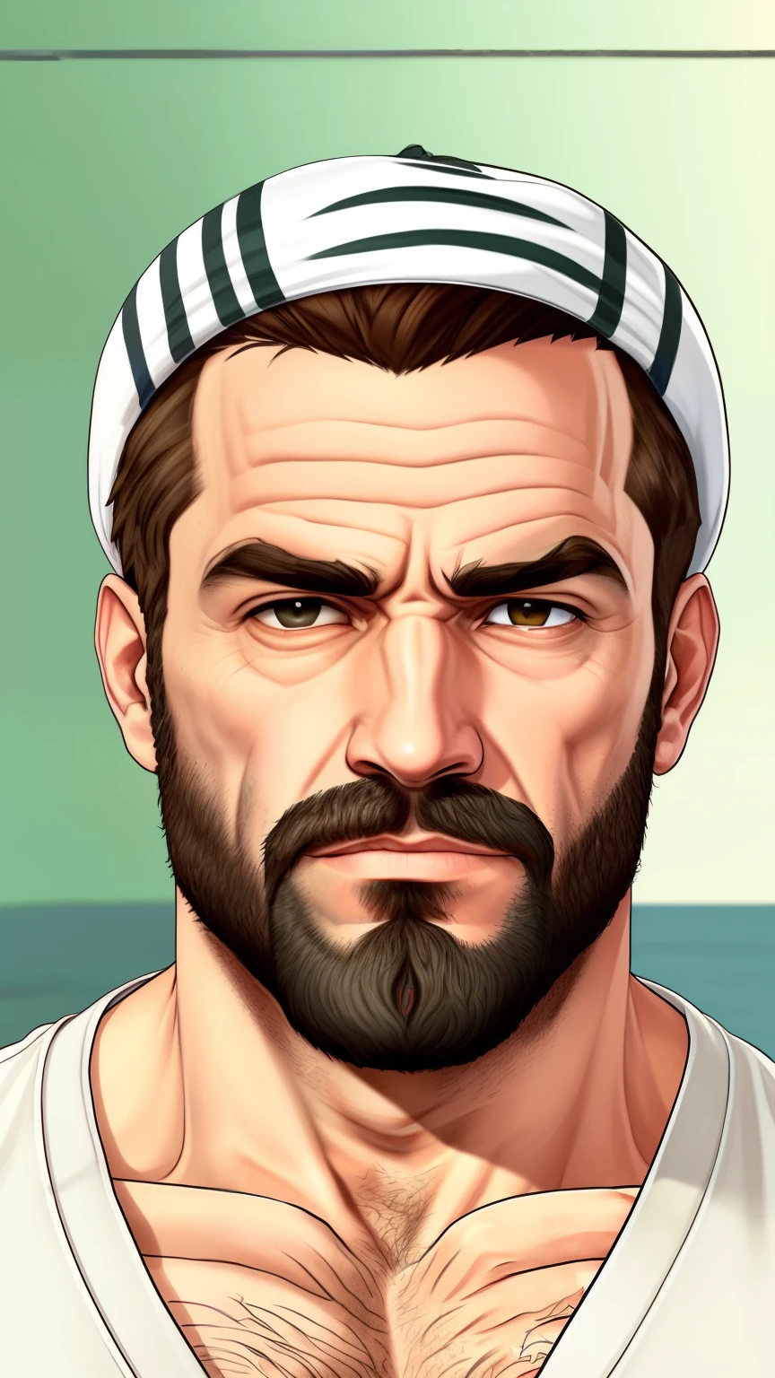 um retrato de @me wearing a white cap,estilo gtav, 20 anos de idade, homem careca e de barba ruiva, barba aparada
