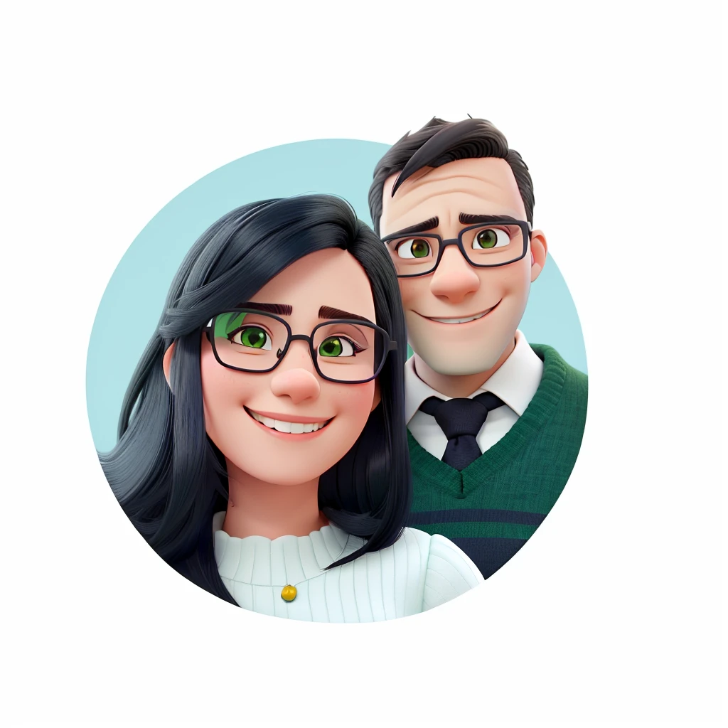 A beautiful couple, smilling, black hair, a man in a green sweater and white suit, a woman in a white dress with glasses, a blue background