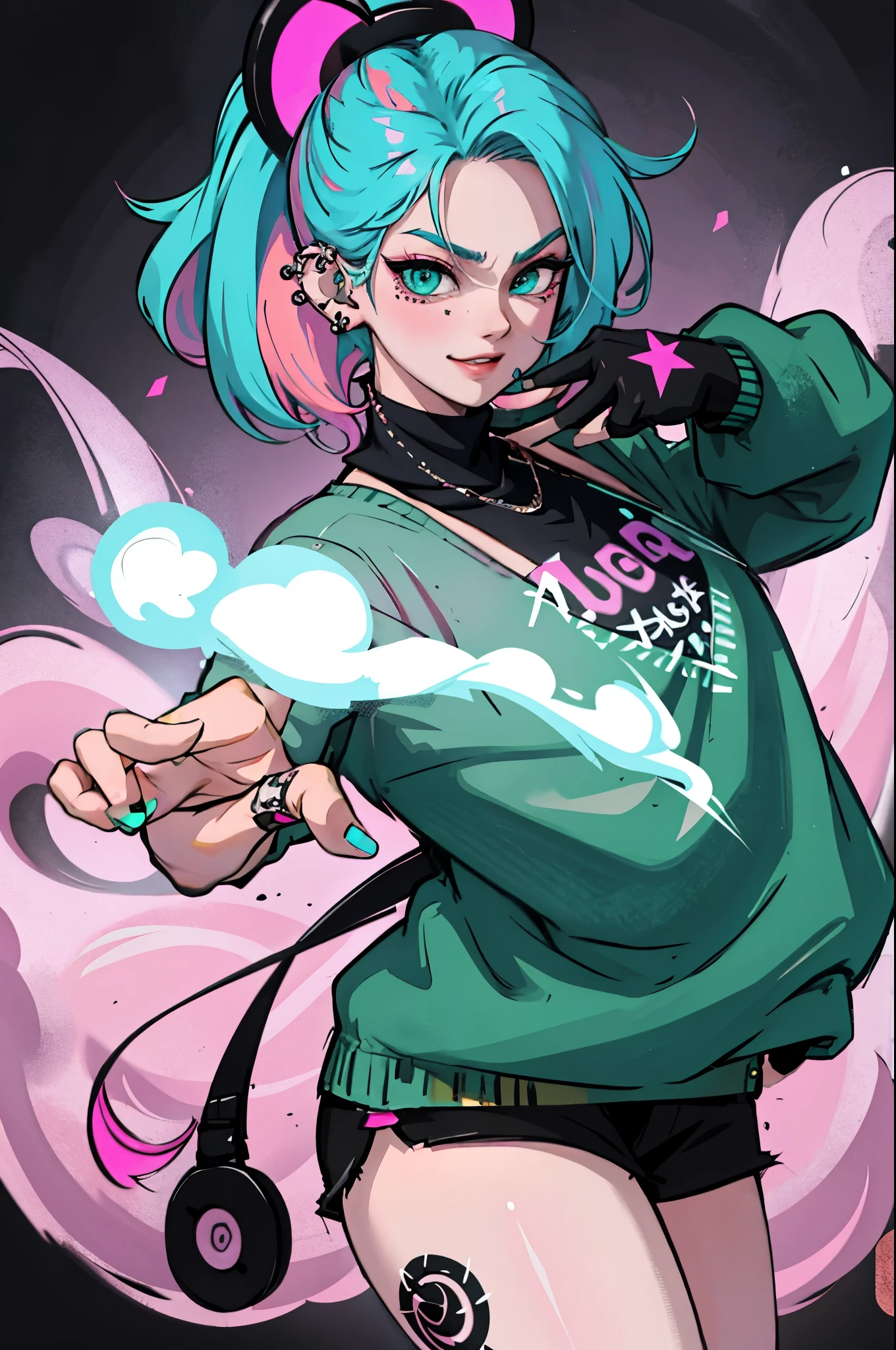 kpop girl with rizz smile face, bad ass, black gloves, bobba shake, neon cyan pink hair, tattoos on hands and neck, piercing, black mixed green striped oversized tomboy ish sweater, cool badass pose, smoke background, colorful smoke background
