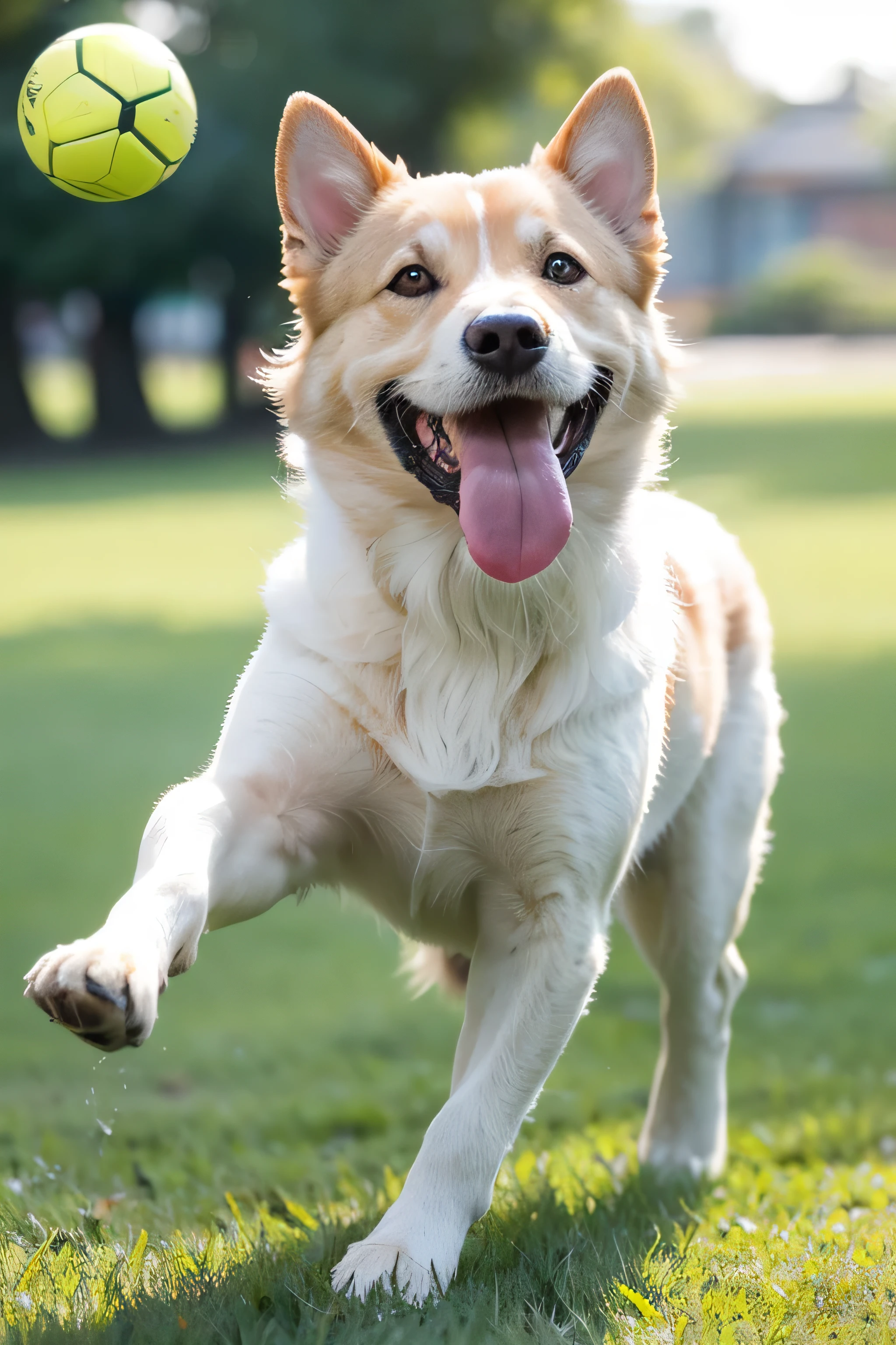 "A photorealistic image of a joyful dog, its coat gleaming with a healthy sheen under the soft sunlight of a late afternoon. The setting is a backyard filled with life - green grass, vibrant flowers, and perhaps a frisbee or ball in play. The dog's stance is dynamic, full of energy and life, captured with a high-speed shutter to freeze a moment of pure, uninhibited play. Its face should show a lively expression, eyes bright, and tongue playfully lolling out in a happy pant. The scene encapsulates the essence of canine delight during a lazy and contented afternoon, with every detail sharply in focus to create a sense of immediacy and presence."