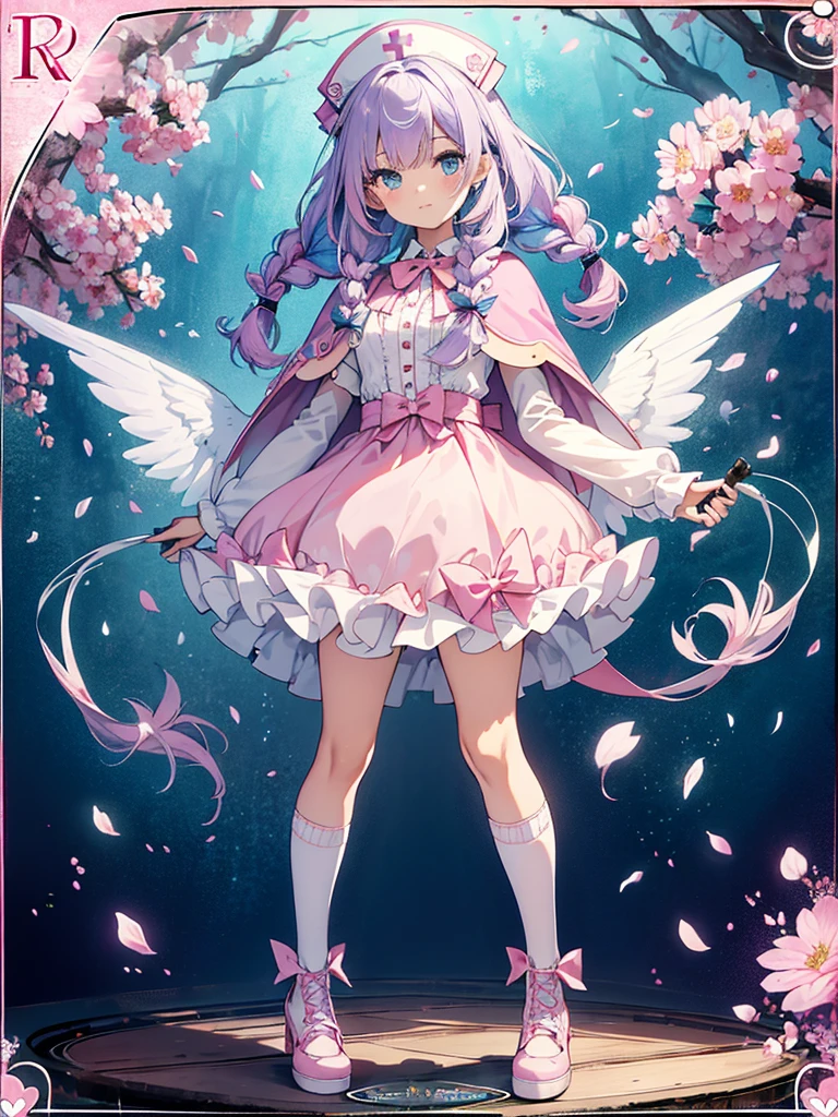 photo realistic, (masterpiece,best quality:1.4),(8k,raw photo,photo realistic:1.2),Not Safe for Work, detailed skin,detailed face,1girl,princess, cute face, super resolution,retro realistic details Illustration,,{{{elaborate,intricately,fantastic,delicately,tremendous,meticulous,minute,incredibly,obsessed,artisan's,subtle,virtuoso,skillful,vibrant, vivid, complex}}}, clearly focus edge, fresh natural gradation, best quality, amazing quality, very aesthetic, absurdres, pubisure, (((Pink gothic dresses))), mini frilled skirt, (((twin braids))), (frilled panties), happy, ((nurse cap)), ((standing)), ((Long hair)), ((light purple hair)), shimmering eyes, aqua eyes, child, 12 yo, petite, cute, (((cape))), Puffy Sleeves, shortsleeves, (((Holding a cute magic wand))), (White frilled apron), flat chest, beautiful hands, neck ribbon, White gloves, baby face, twinkle in the eye, ((pink ribbon)) (((frilled overknee socks))),(((high tops))), ((high heels)), Heart necklace, ring, masterpiece, top-quality, not safe for work, yumekawa,yumekawaii, pastel color,(wonderland:1.3),imagination, (((falling petals))), Flower, (Multicolored lights), (((trading card)))