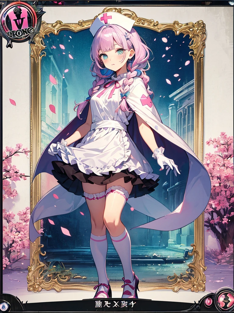 photo realistic, (masterpiece,best quality:1.4),(8k,raw photo,photo realistic:1.2),Not Safe for Work, detailed skin,detailed face,1girl,princess, cute face, super resolution,retro realistic details Illustration,,{{{elaborate,intricately,fantastic,delicately,tremendous,meticulous,minute,incredibly,obsessed,artisan's,subtle,virtuoso,skillful,vibrant, vivid, complex}}}, clearly focus edge, fresh natural gradation, best quality, amazing quality, very aesthetic, absurdres, pubisure, (((Pink gothic dresses))), mini frilled skirt, (((twin braids))), (frilled panties), happy, ((nurse cap)), ((standing)), ((Long hair)), ((light purple hair)), shimmering eyes, aqua eyes, child, 12 yo, petite, cute, (((cape))), Puffy Sleeves, shortsleeves, (((Holding a cute magic wand))), (White frilled apron), flat chest, beautiful hands, neck ribbon, White gloves, baby face, twinkle in the eye, ((pink ribbon)) (((frilled overknee socks))),(((high tops))), ((high heels)), Heart necklace, ring, masterpiece, top-quality, not safe for work, yumekawa,yumekawaii, pastel color,(wonderland:1.3),imagination, (((falling petals))), Flower, (Multicolored lights), (((trading card)))
