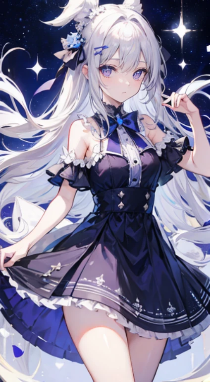 Long silvery-white hair and waist，scattered hair curtain，2 hair curtains，dark purple eyes，highlight，Loving pupils，Gorgeous turns，Like dancing，Dark Blue Sailor Dress Off Shoulder Dress，Her skirt fluttered as she turned，White bloomers show some，light blue bow tie，crystal hairpin，under the starry sky，，Chiquita，medium meat，