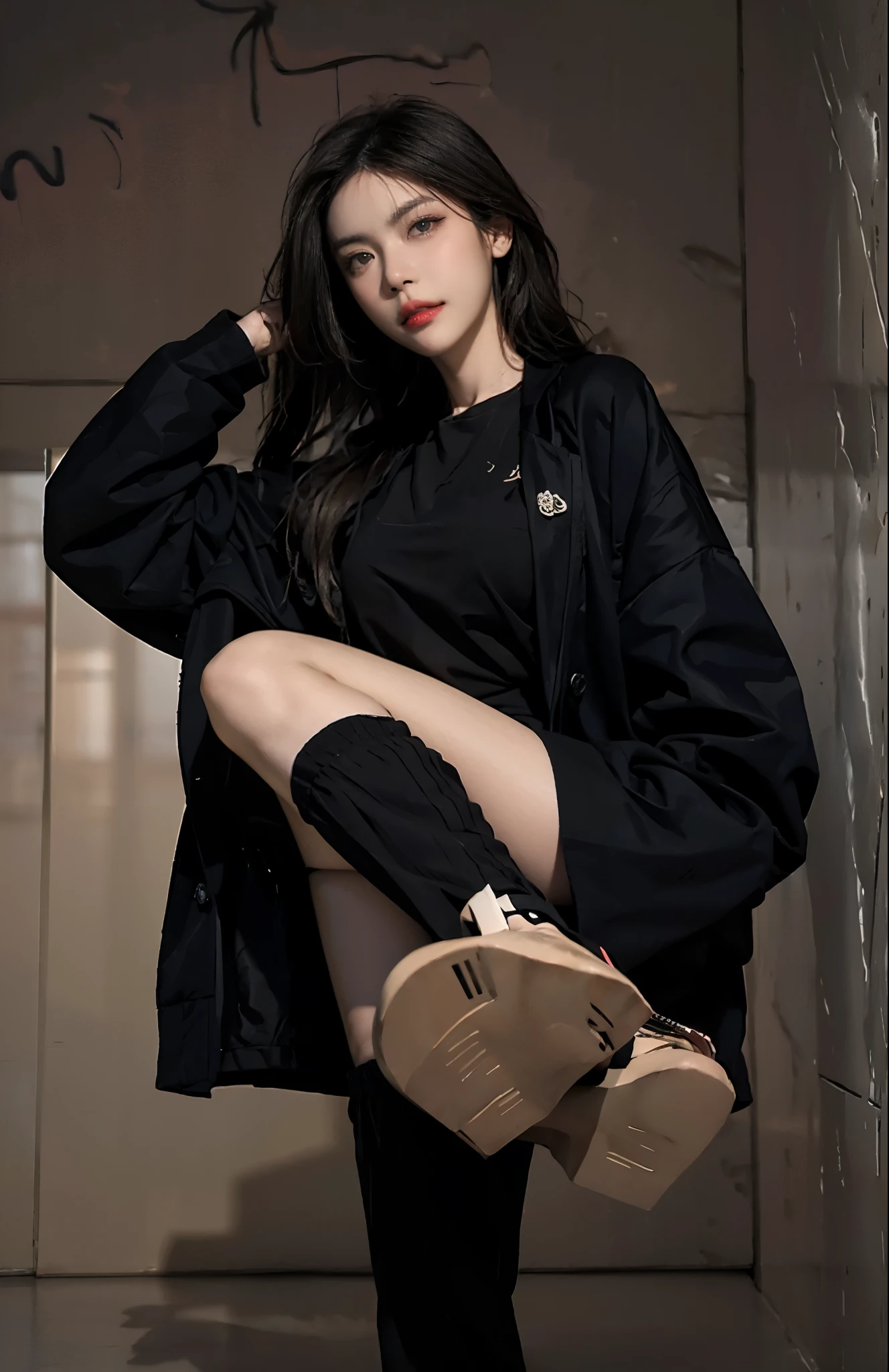 araffed woman in black jacket and black pants posing for a picture, trending on cgstation, korean women's fashion model, by Russell Dongjun Lu, artwork in the style of guweiz, [ 4 k digital art ]!!, full body xianxia, inspired by Russell Dongjun Lu, black oversized clothes, ulzzang, casual pose